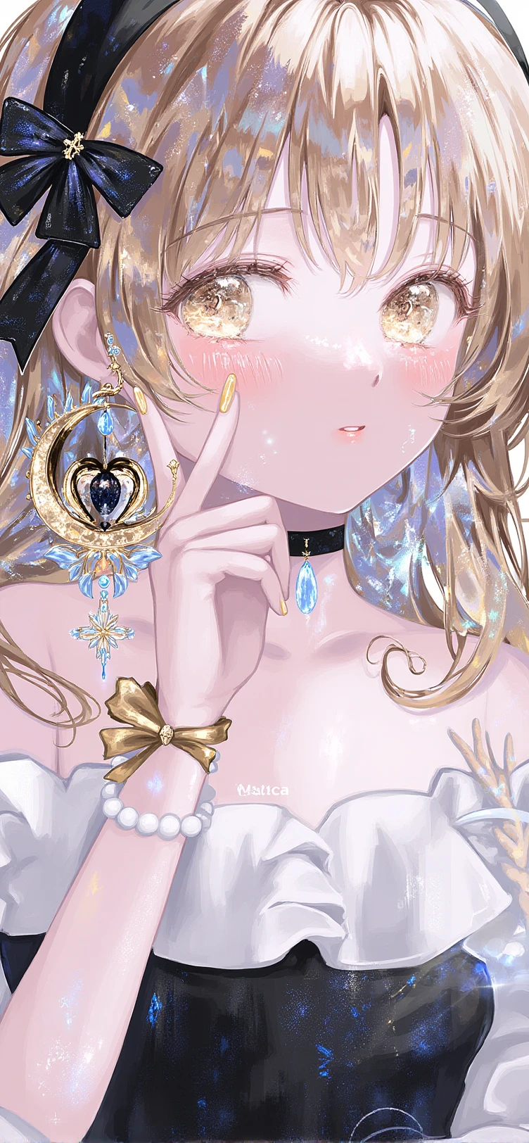 A fantasy-themed digital illustration. The overall style is detailed, with a emphasis on the play of light and the reflective qualities of the character's eyes and accessories. a cute girl with best hands