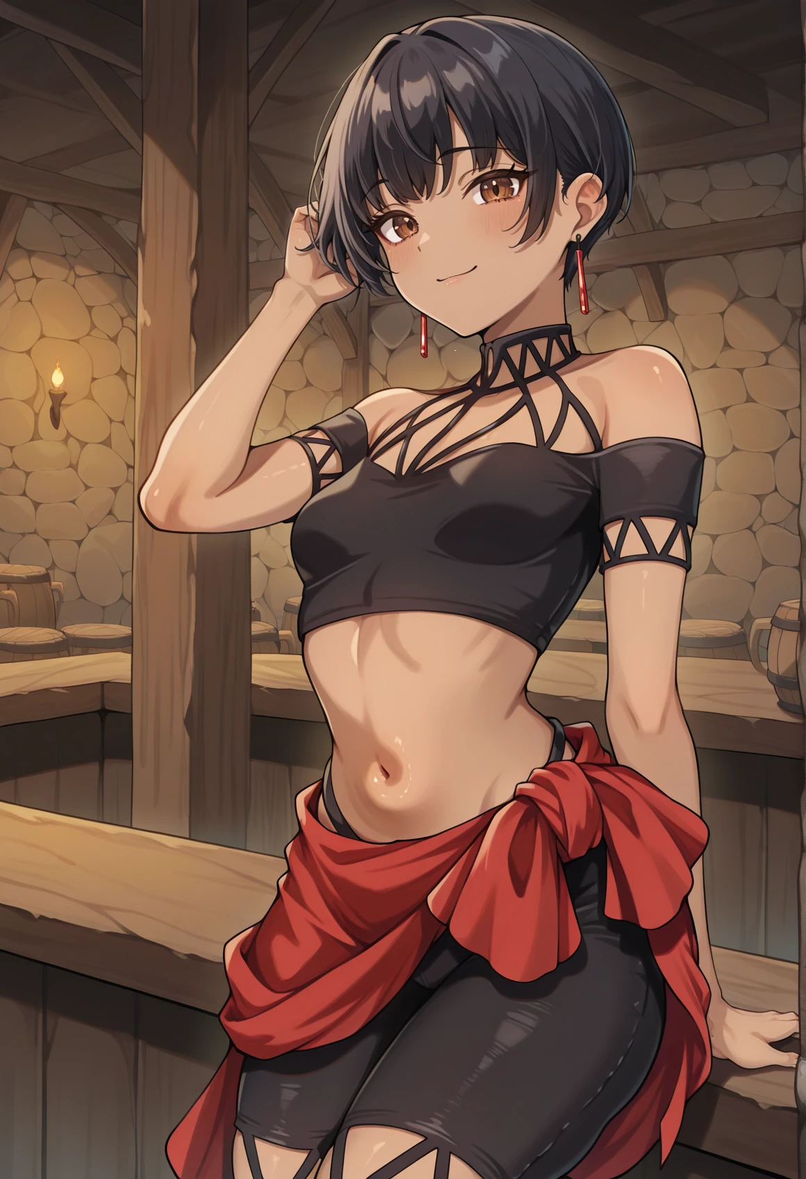 1girl, solo, dark skin, short hair, black hair, brown eyes, earrings, jewelry, black crop top, black shorts, bare shoulders, red sarong, standing, indoors, sitting, hand on hair, looking at viewer, smile, tavern, small breasts  <lora:Eilie_Illus_XL:1>, masterpiece, best quality, amazing quality, very aesthetic, absurdres, highres, newest