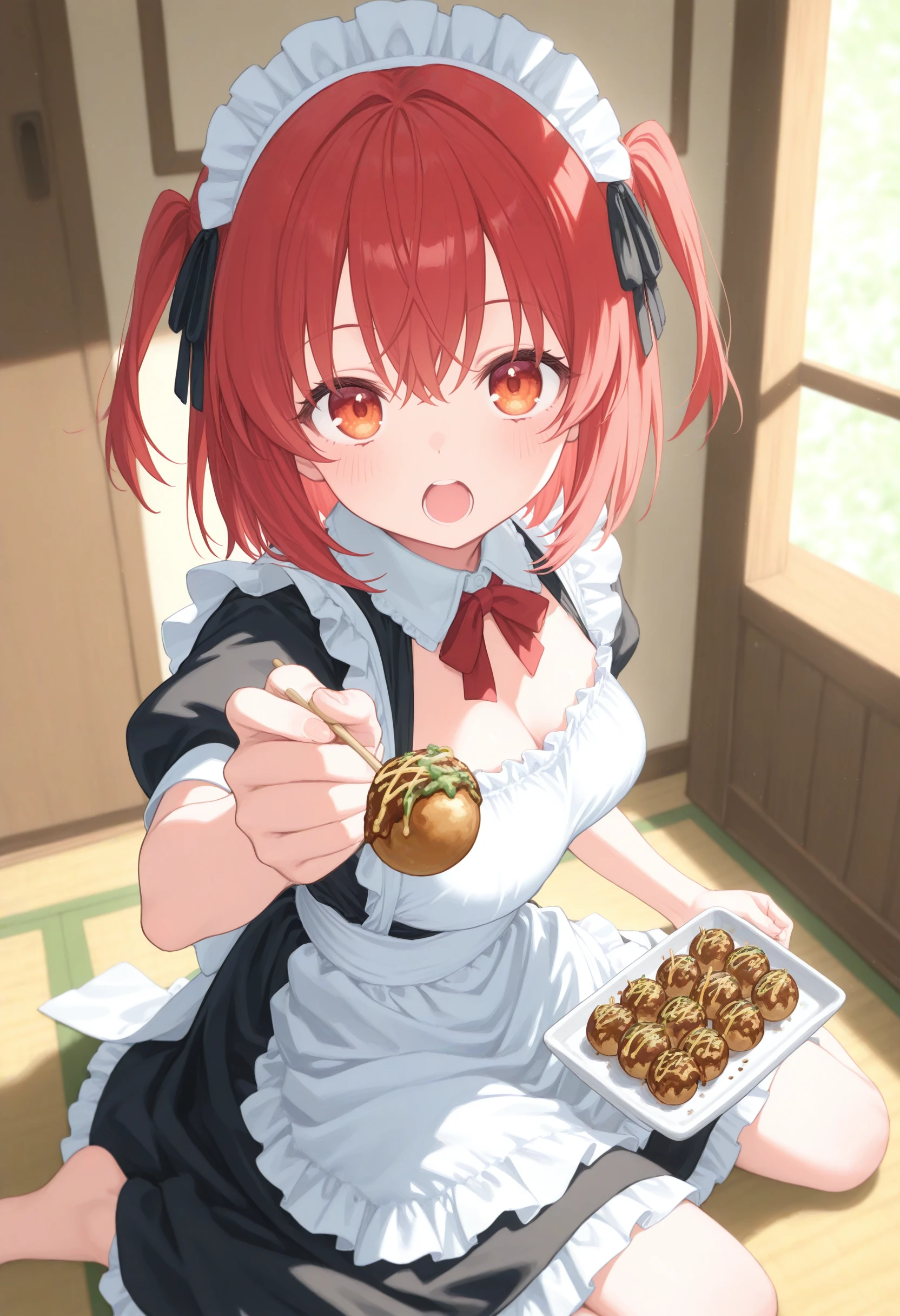 1girl,(sho \(sho lwlw\):0.7),(toosaka asagi:0.5),(sincos:0.3),solo,
masterpiece, best quality, newest, absurdres, CG, anime, source anime, illustration,
maid, maid headdress,medium breasts,
feeding,food, open mouth, incoming food, looking at viewer , <lora:feeding_Illust_v1:0.8>
takoyaki,
from side, feet out of frame, looking to the side, red hair, orange eyes,closed eyes, trade fair, closed mouth, one side up hair,