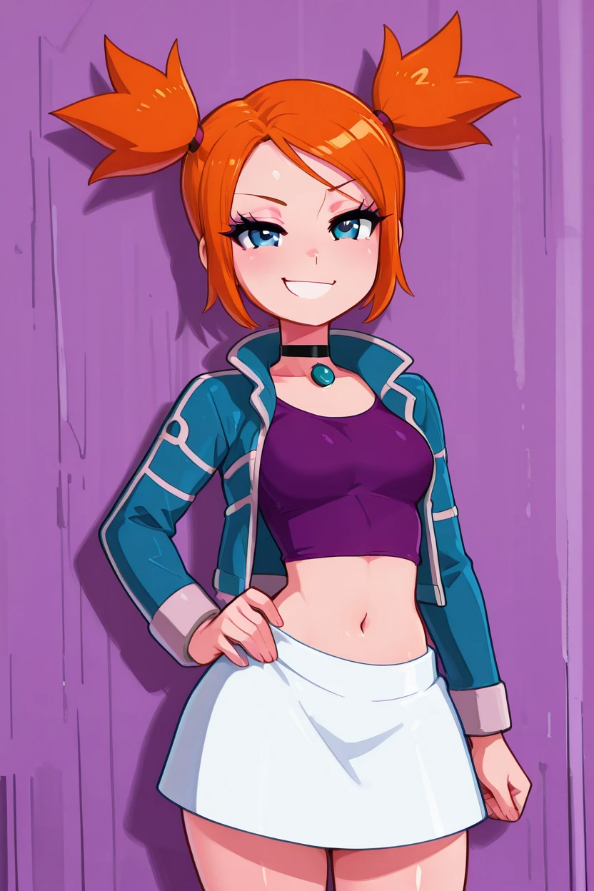 masterpiece, best quality, 1girl, solo, 21 year old model, eyelashes, (beautiful eyes),     ,,,zzRui, blue eyes, orange hair, short hair, twintails,  choker, purple shirt, navel, midriff, long sleeves, blue jacket, open jacket, white skirt,  <lora:RuiPokemonIXL_v4:1.0>, cowboy shot, hand on hip, smug, smile, looking at viewer, shiny skin,<lora:LandidzuStyleIXL:1.0>,