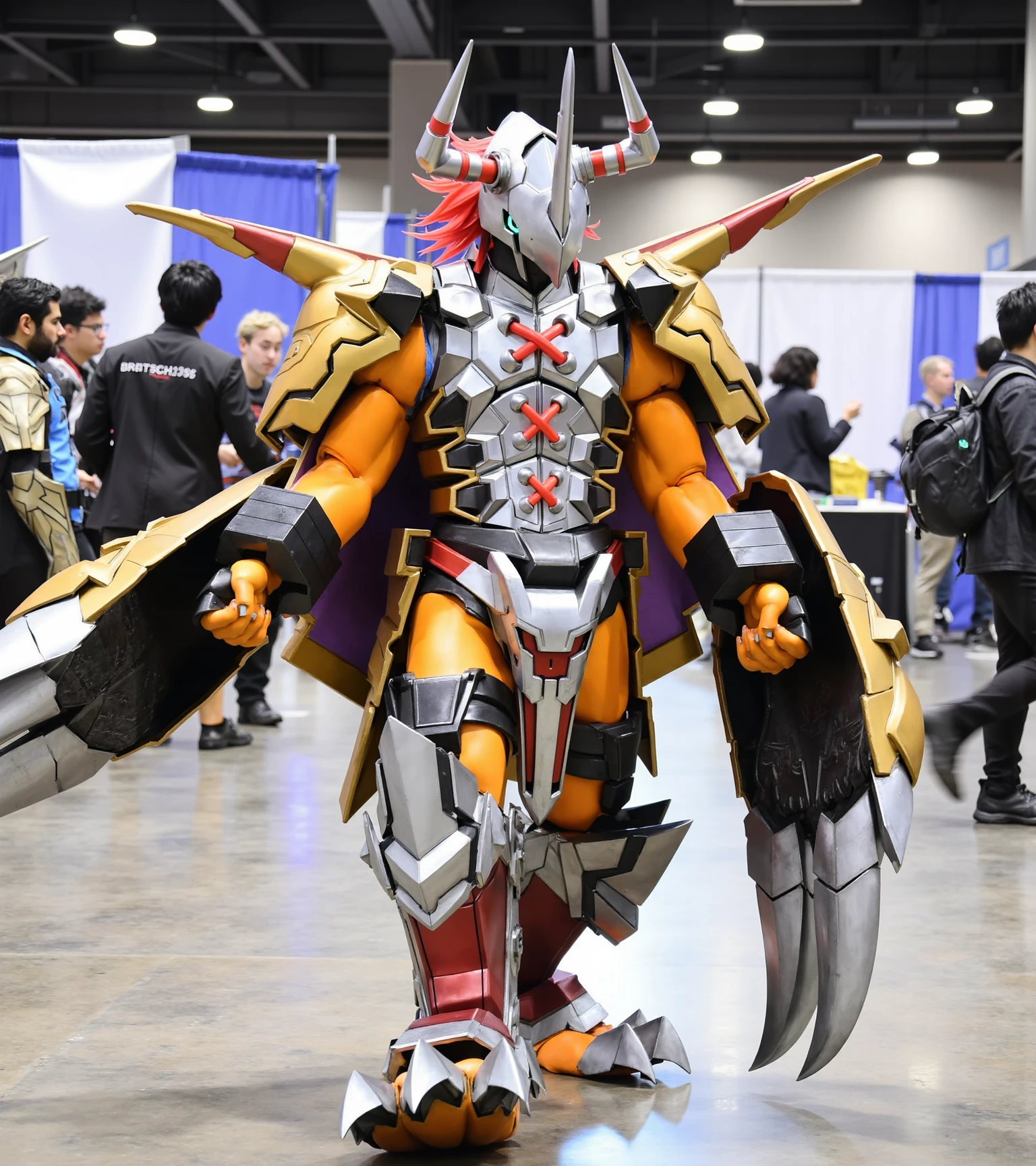 cinematic photo HDR photo of wargreymonex,a man  is wearing a costume in a golden, orange ,silver, red and armor with horns and silver and lighting red horns on his head,the costume is illuminated by a light, giving it a mysterious and powerful presence,dragon orange feet, ,orange hand, a man holding a yellow sword in his both hands , a man is walking through the viewing of the camera ,his detailed eyes, a vivid shade of emerald aqua green and shiny blue, capturing the essence of the beloved character, He is wearing a costume,The setting is indoors at a bustling convention hall with excellent Sufficient light bright light, with other attendees in various costumes in the background. The hall is decorated with banners and booths showcasing different fandoms, creating a vibrant and energetic atmosphere typical of major cosplay events like Comic-Con or Anime Expo. sparkle with a blend of enthusiasm and playfulness, capturing the essence of the beloved character, male In this dynamic portrait ,standing in to full body featuring stunning sparkle with a blend of enthusiasm and playfulness, capturing the essence of the beloved charactercurtain. High dynamic range, vivid, rich details, clear shadows and highlights, realistic, intense, enhanced contrast, highly detailed, 35mm photograph, film, bokeh, professional, 4k, highly detailed,<lora:wargreymonex:1> . High dynamic range, vivid, rich details, clear shadows and highlights, realistic, intense, enhanced contrast, highly detailed, 35mm photograph, film, bokeh, professional, 4k, highly detailed, Photorealistic, Hyperrealistic, Hyperdetailed, analog style, soft lighting, subsurface scattering, realistic, heavy shadow, masterpiece, best quality, ultra realistic, 8k, golden ratio, Intricate, High Detail, film photography, soft focus