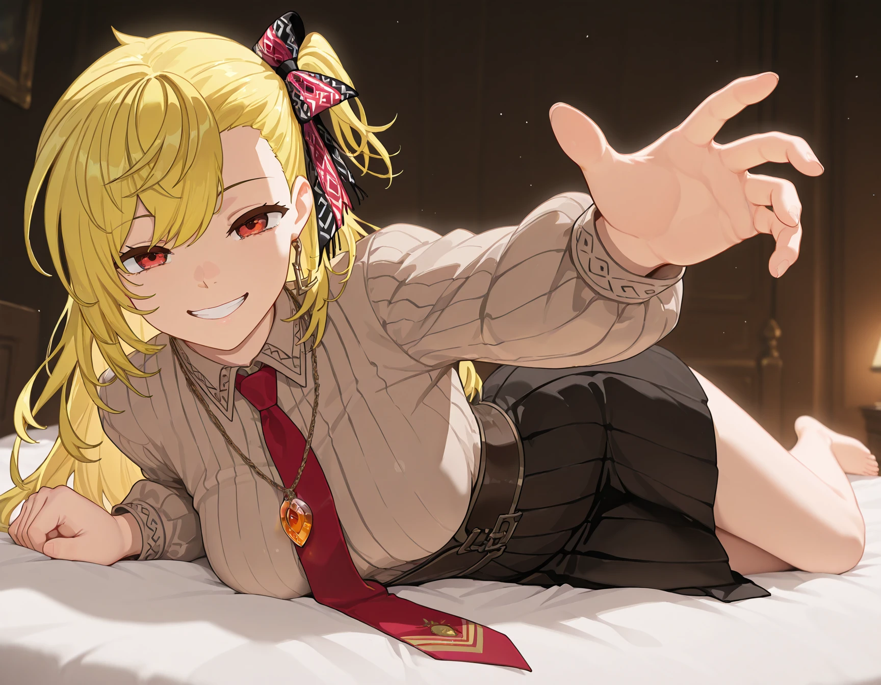 masterpiece, best quality, amazing quality,  
 <lora:kaelaIL:1>,kaelaIL, kaela3rd, collared shirt, long sleeves, red necktie, one side up, hair ribbon, 1girl, solo, long hair, looking at viewer, on bed, reaching towards viewer, grin, medium breasts, barefoot, on side, necklace,