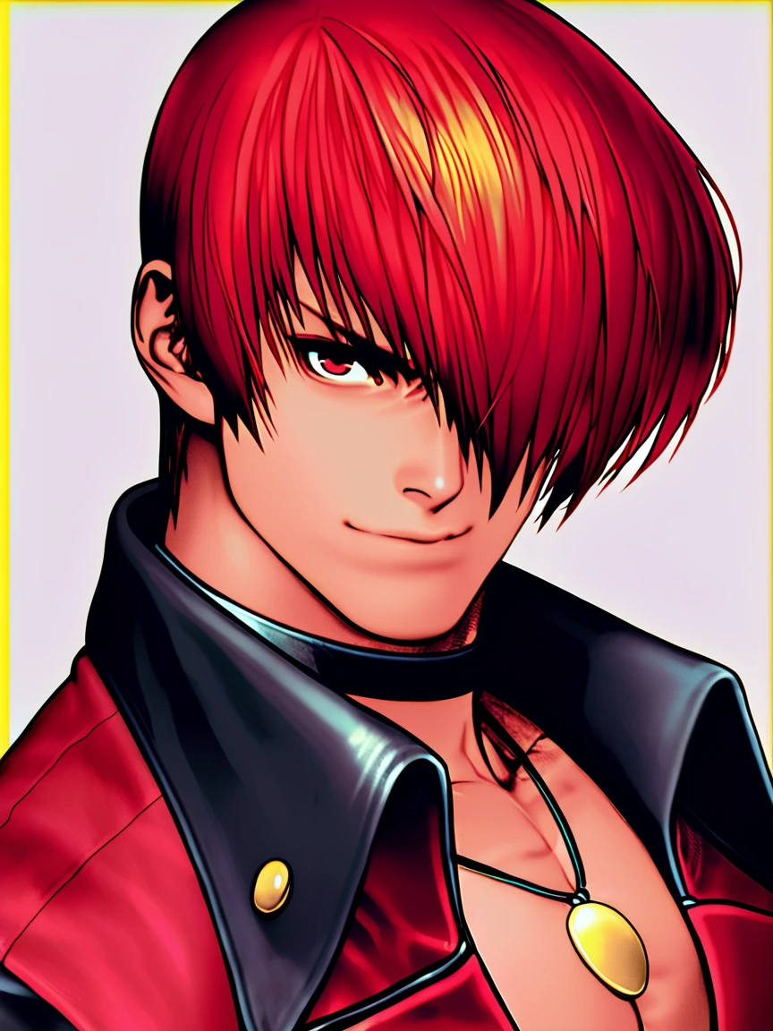 1990s anime portrait iori yagami the king of fighters solo, looking at viewer, short hair, simple background, white background, 1boy, jewelry, jacket, red hair, male focus, choker, necklace, black jacket, from side, red jacket, black choker