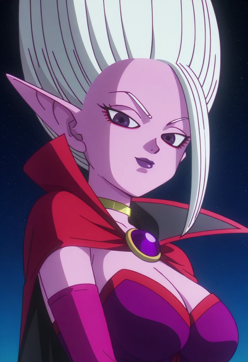 anime screencap,8k, absurd res, 1girl, solo, looking at viewer,white hair,long hair,purple eyes,upwards hair,makeup,pink skin,wearing a dress,elbow gloves,lipstick,cape,upper body,outdoors,detailed background,alien planet,arinsu_(dragon_ball_daima), <lora:arinsu_(dragon_ball_daima):1>