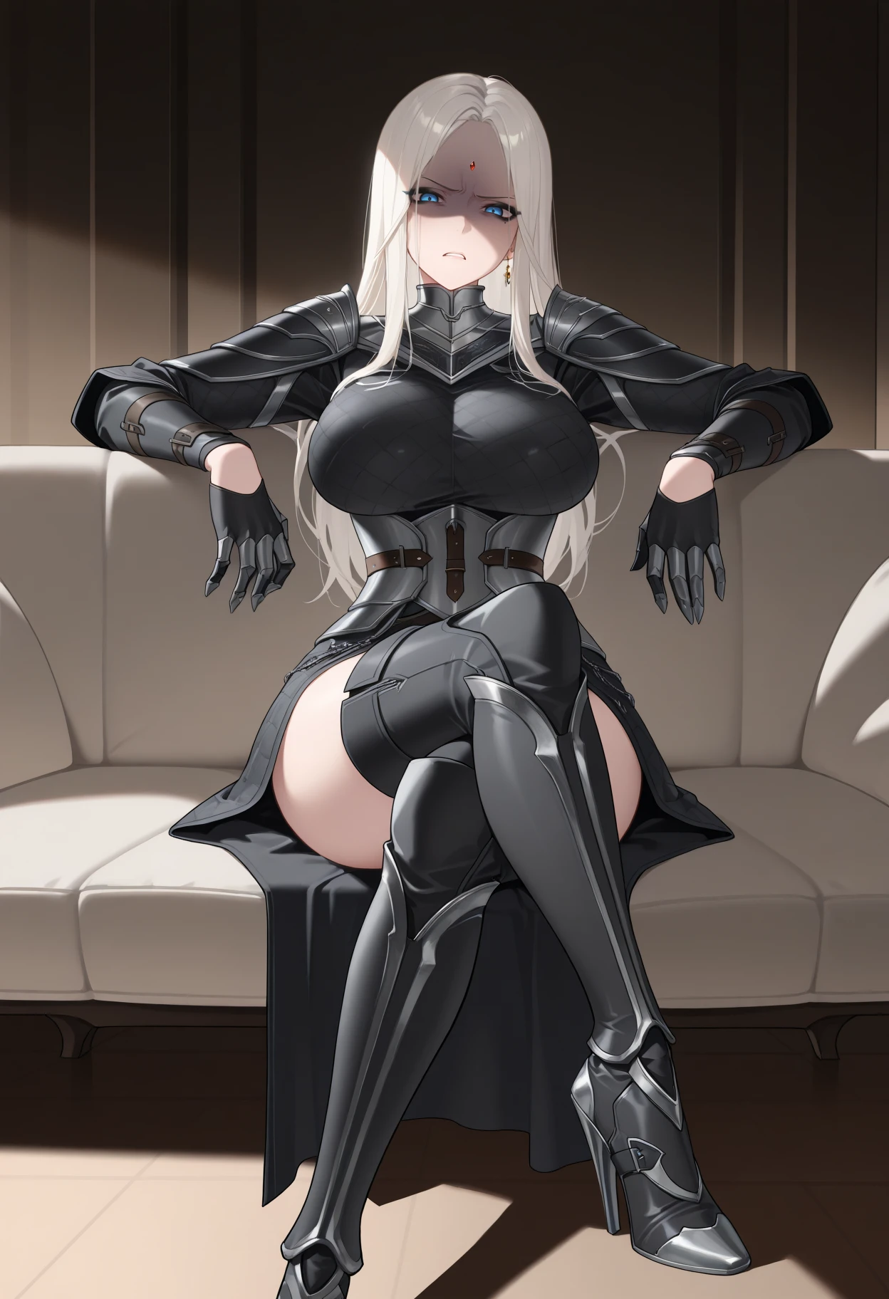 masterpiece, best quality, 1girl, solo, Angel1seR3iter, blue eyes, white hair, long hair, parted bangs, forehead jewel, black eyeshadow, armored dress, black dress, scale armor, gauntlets, shoulder armor, metal underbust, thigh boots, high heel boots, shaded face, disgust, mature female, looking at viewer, indoors, sitting, crossed legs, on couch, lounging, <lora:ChamAngeliseReiterIllustriousXL:1>