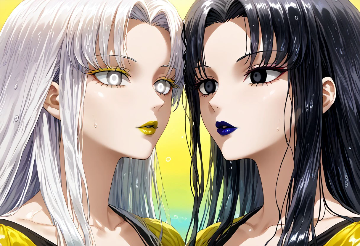 anime, empty eyes, hypnotized, lipstick, black lipstick, green lipstick, blue lipstick, yellow lipstick, red lipstick, purple lipstick, colorful lips, glossy lips, wet lips, two females, adult, casual dress, long hair, black hair, white hair, black eyes, white eyes, twins, close up, kiss, kissing
