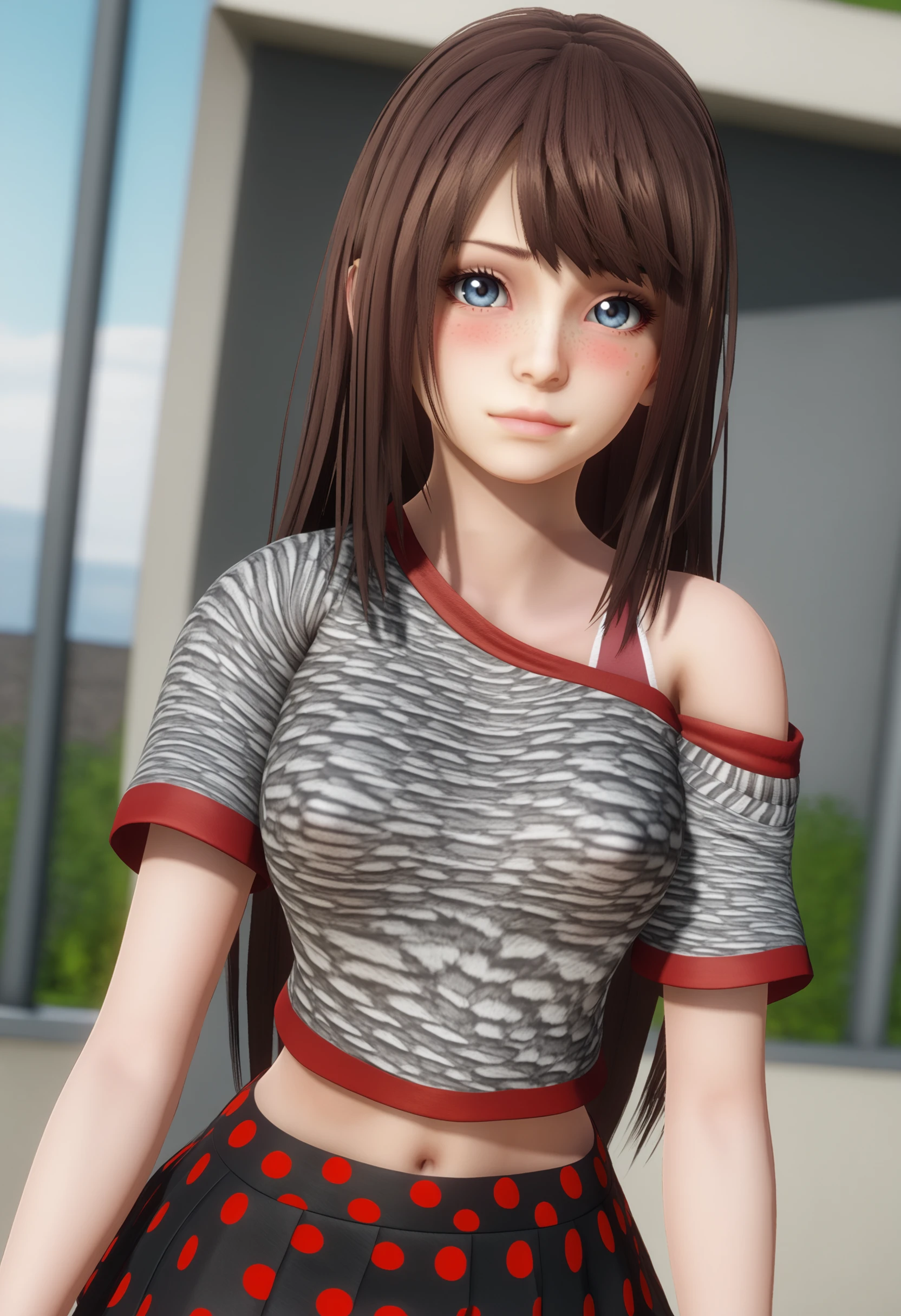 score_9, score_7_up, depth of field, sidelighting, 1girl, BREAK looking at viewer, pantyhose, midriff, navel, blush, black skirt, long hair, polka dot skirt, off-shoulder grey shirt, short sleeves, <lora:Annie Eternum V2.1:.9> annieet, small breasts, freckles, brown hair, blue eyes