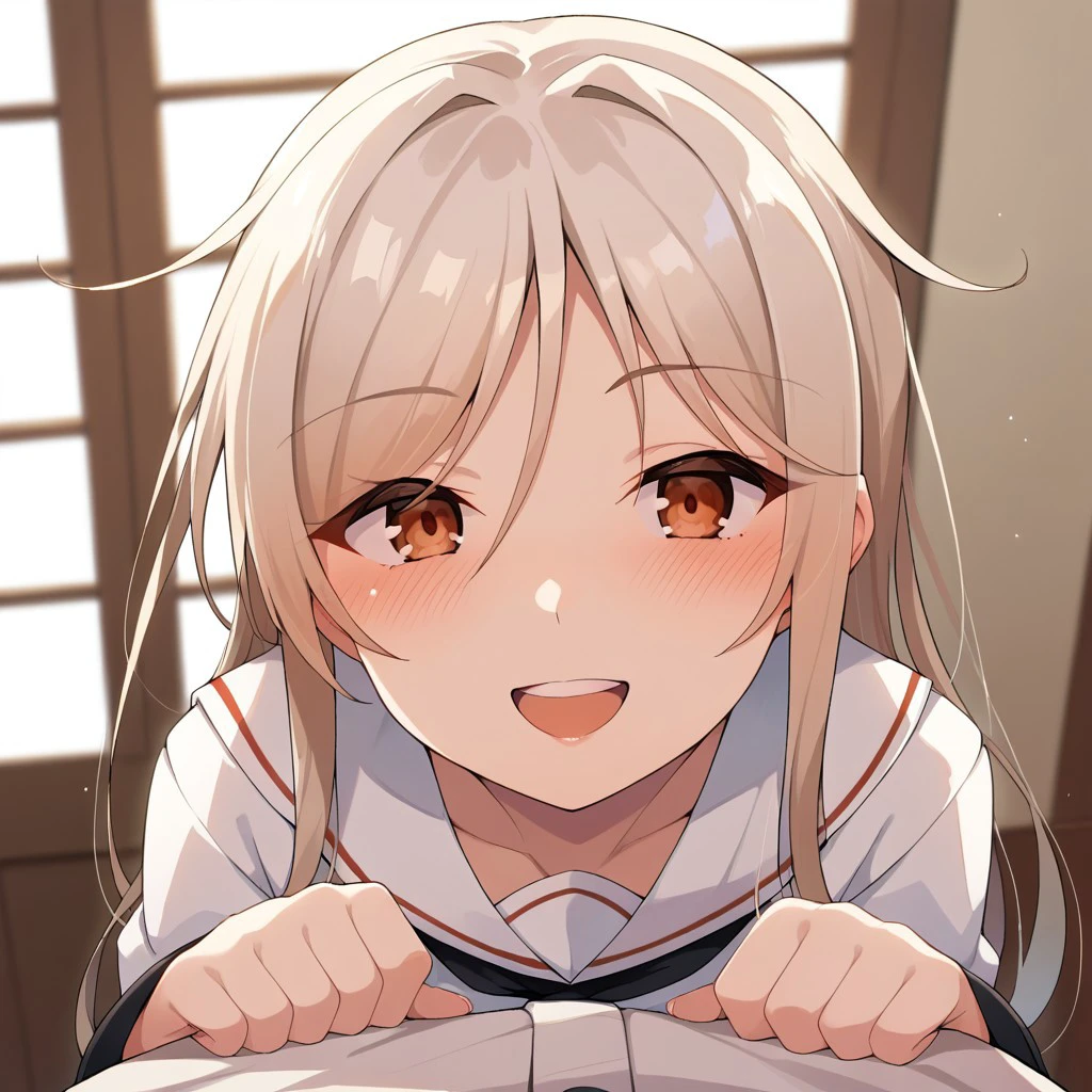 score_9, score_8, score_7, source_anime, kikuzuki (kancolle), POV, looking at viewer, blush, smile, open mouth, upper teeth only