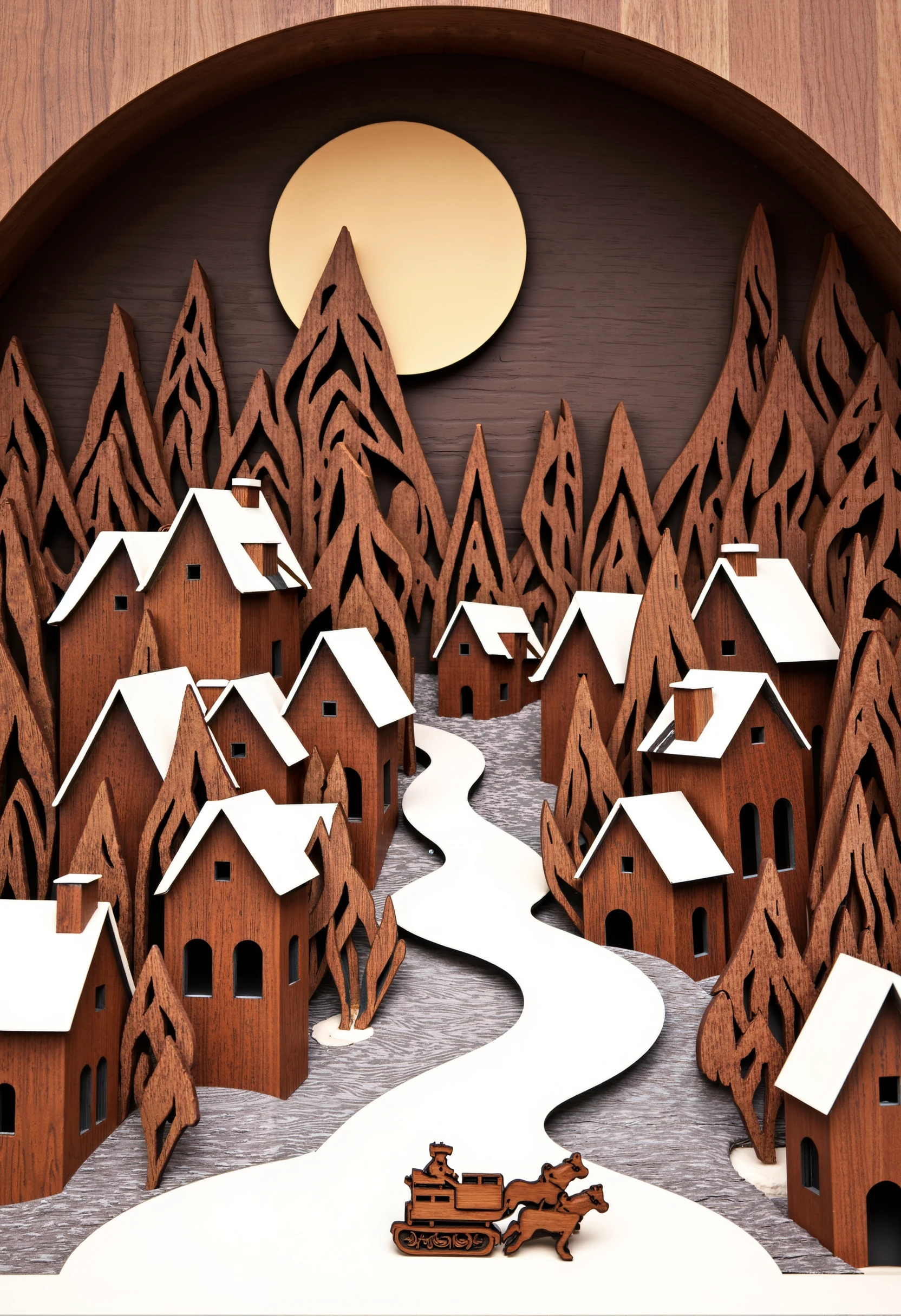 Laser cut, layered wood, a winter village with snow-covered rooftops and a horse-drawn sleigh.