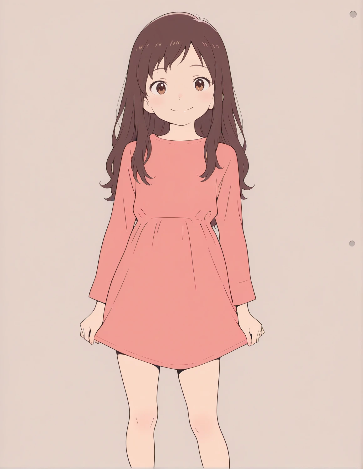 flat color, vibrant colors, thick outlines, (masterpiece, best quality, very aesthetic, absurdres), 1girl, solo, <lora:YukiIL-10:0.8>, YukiWC, brown hair, brown eyes, looking at viewer, pink dress, long sleeves, smile, barefoot, standing