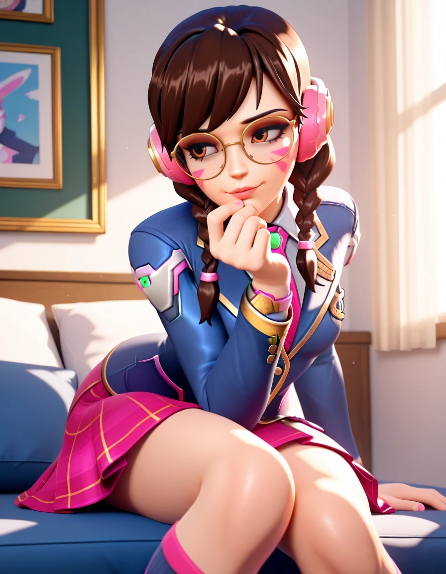 Masterpiece, high-res, 2k, best quality,   1 girl  , 3d,  d.va (overwatch), academy dva  , glasses,  <lora:dva academy illus-000040:1>  Sitting with one hand touching the chin looking pensive