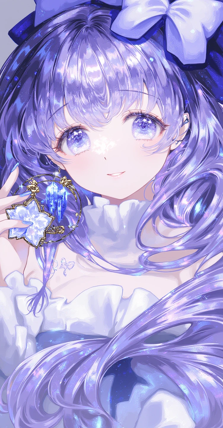 A fantasy-themed digital illustration. The overall style is detailed, with a emphasis on the play of light and the reflective qualities of the character's eyes and accessories. a cute girl 