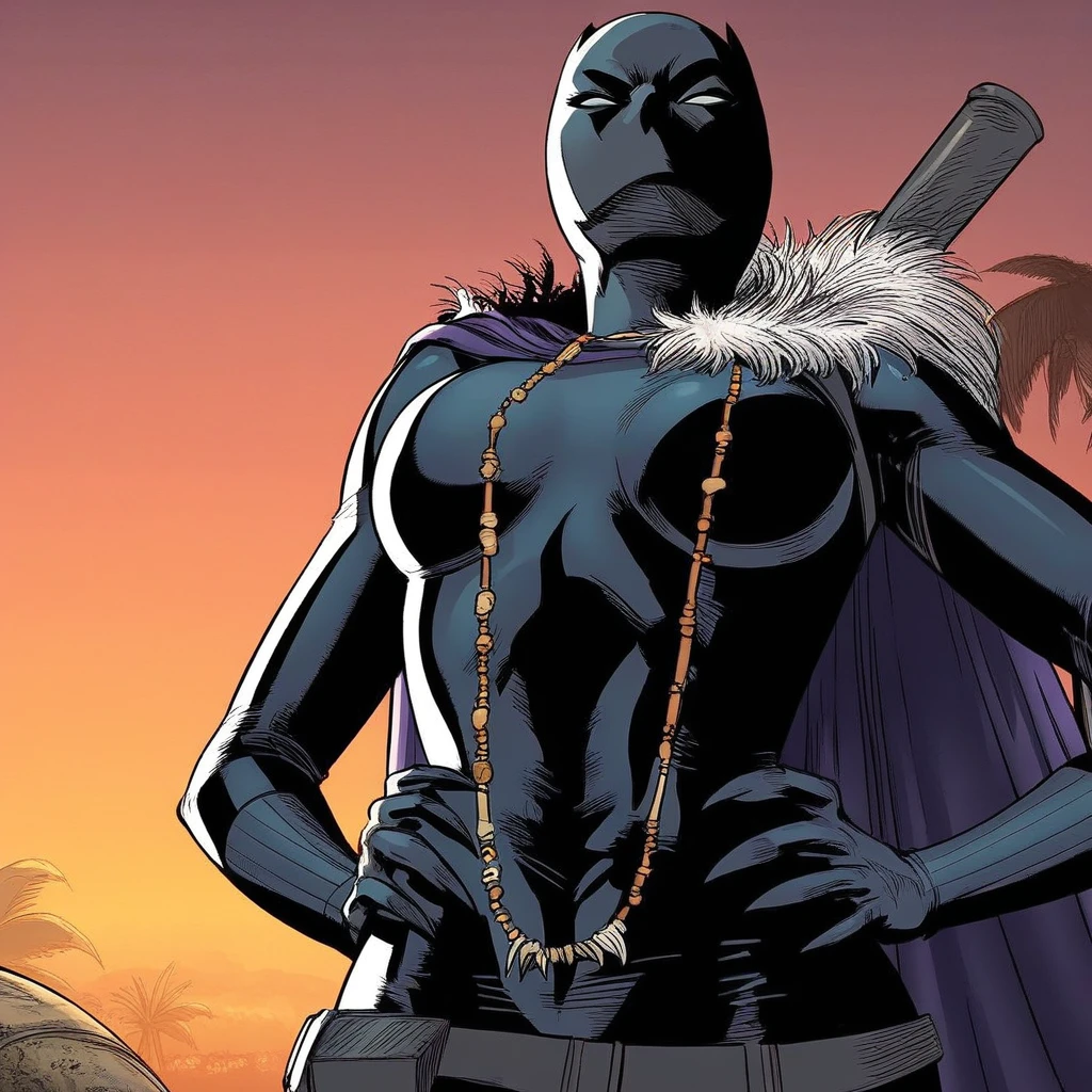 jungle, jungle background, day, day time, 2d, 1girl, masterpiece, best quality, extreme detail, hourglass figure, wide hips, round boobs, bubble butt, medium breasts, slim waist, mature female, BlackPanther, Shuri, Marvel, white eyes, no pupils, black bodysuit, bodysuit, black gloves, black boots, mask, black mask, covered face, no mouth, belt, black belt, cape, purple cape, jewelry, necklace, fur trim, claws,  close up, looking at viewer, hands on hips, view from below