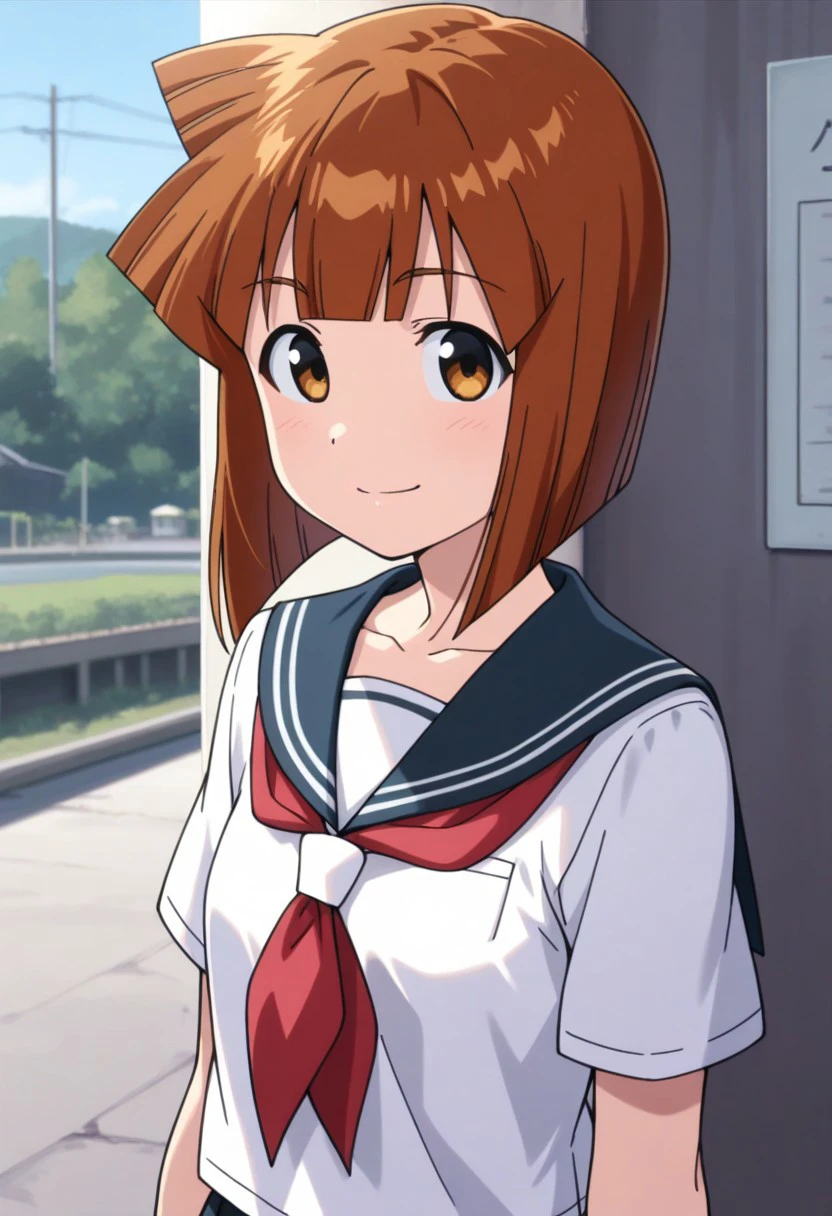 masterpiece, best quality, 
eiko, 1girl, solo, brown eyes, brown hair, short hair, bob cut, bangs, side ponytail,  school uniform, serafuku, sailor collar, shirt, white shirt, smile,
outdoor,