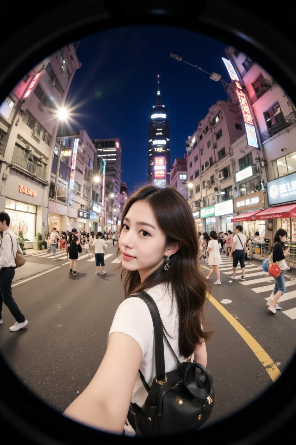 fisheye lens, a young lady strolling down a bustling city street at night. She has a serene expression, her silhouette framed by the vibrant lights of the urban landscape. Pedestrians mill about her, a blur of activity that contrasts with her calm demeanor. The night sky is a deep blue, with the stars barely visible above the city's glow. Streetlights cast long, dramatic shadows, and neon signs from shops and cafes add a touch of color to the scene. The girl is the focal point, her presence a beacon of tranquility amidst the urban chaos.