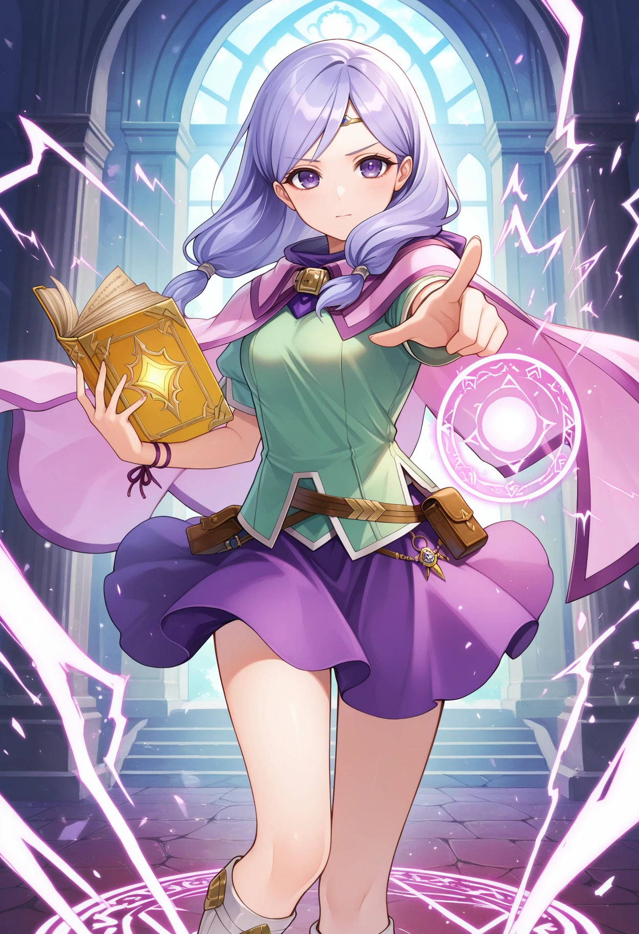 1girl, <lora:IlyanaIL:1> ilyanaPoR.
an illustration of a girl casting a spell while holding a book. the book is floating. she is pointing at the viewer. there is electric magic at her fingertip. she inside a castle.
lavender hair, bangs, lavender eyes, purple skirt, green shirt, short sleeves, pink capelet, circlet, white footwear, knee boots,
solo, electricity, magic, magic circle, pointing at viewer, holding book,
masterpiece, perfect quality, best quality, absolutely eye-catching