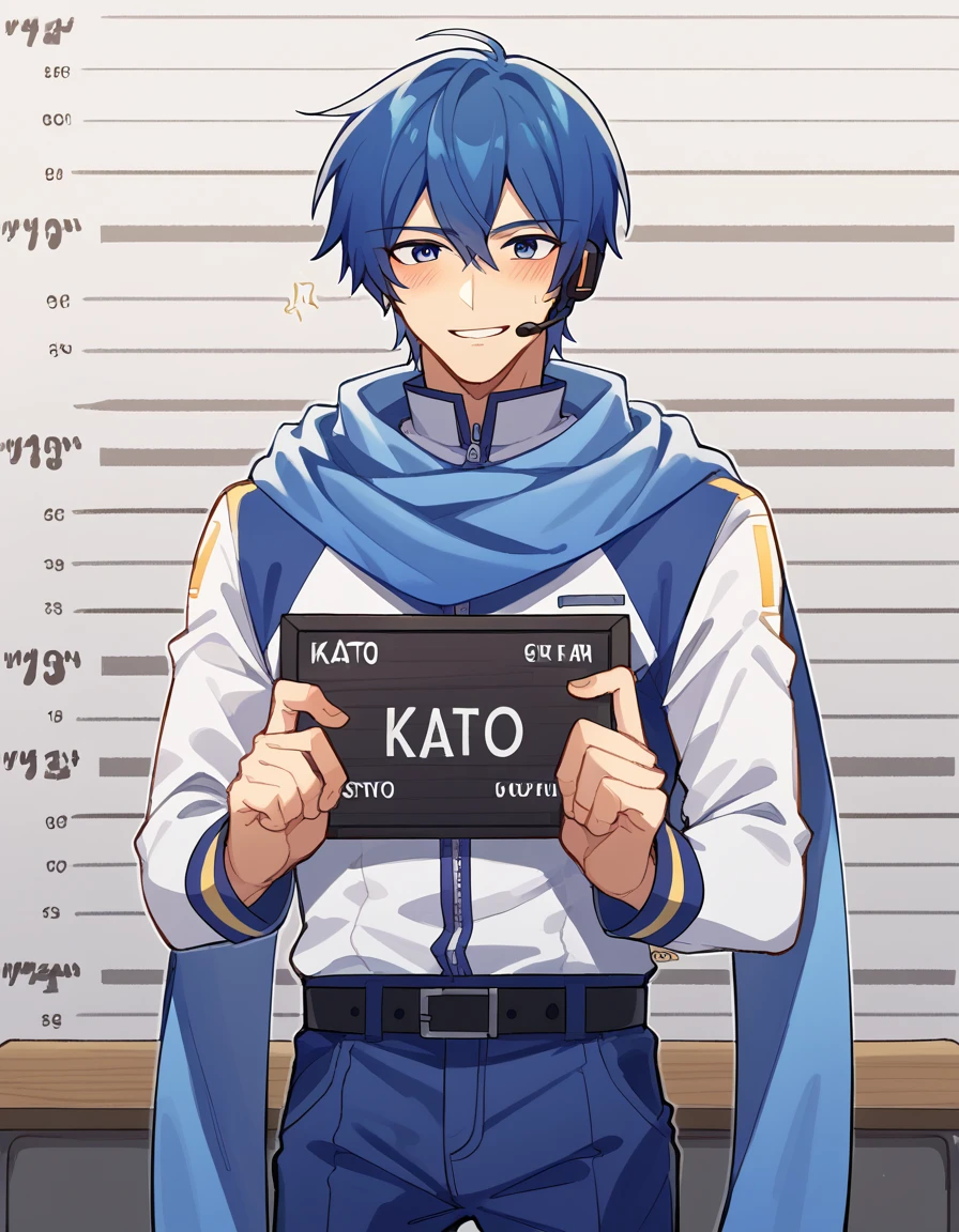 score_9, score_8_up, score_7_up, source_anime, <lora:vocaloid-kaito-ponyxl-lora-nochekaiser:1>, kaito, kaito (vocaloid), blue eyes, blue hair, male focus,, belt, blue pants, blue scarf, blue shirt, coat, headset, microphone, pants, scarf, see-through clothes, zipper, classroom, desks, chalkboard, students, teacher, smile, <lora:barbie-mugshot-ponyxl-lora-nochekaiser:1> barbie mugshot, barbie mugshot (meme) height mark, holding sign, nameplate, height chart, sign, meme, blush, cowboy shot, looking at viewer, solo,, dutch angle, cowboy shot