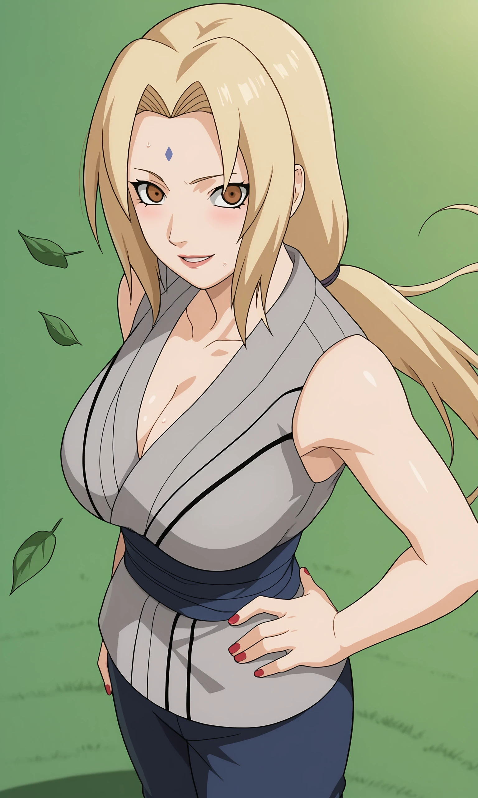 score_9, score_8_up, score_7_up,
tsu, 1girl, tsunade (naruto), (looking at viewer), blonde hair, low twintails, forehead mark, brown eyes, large breasts, grey kimono, sleeveless kimono, blue pants, cleavage, red nails, soft hair, long hair, 
from above, from side, hand on hip, sweat, upper body, 
smile, blush, shy, parted lips, 
simple background, perfect lighting, wind, green leaf, grass, 
<lora:tsunade_PXL:1>