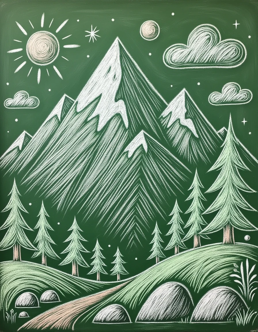 ch4lkb04rd A chalk drawing of A mountain landscape
 <lora:chalkboard:0.8>