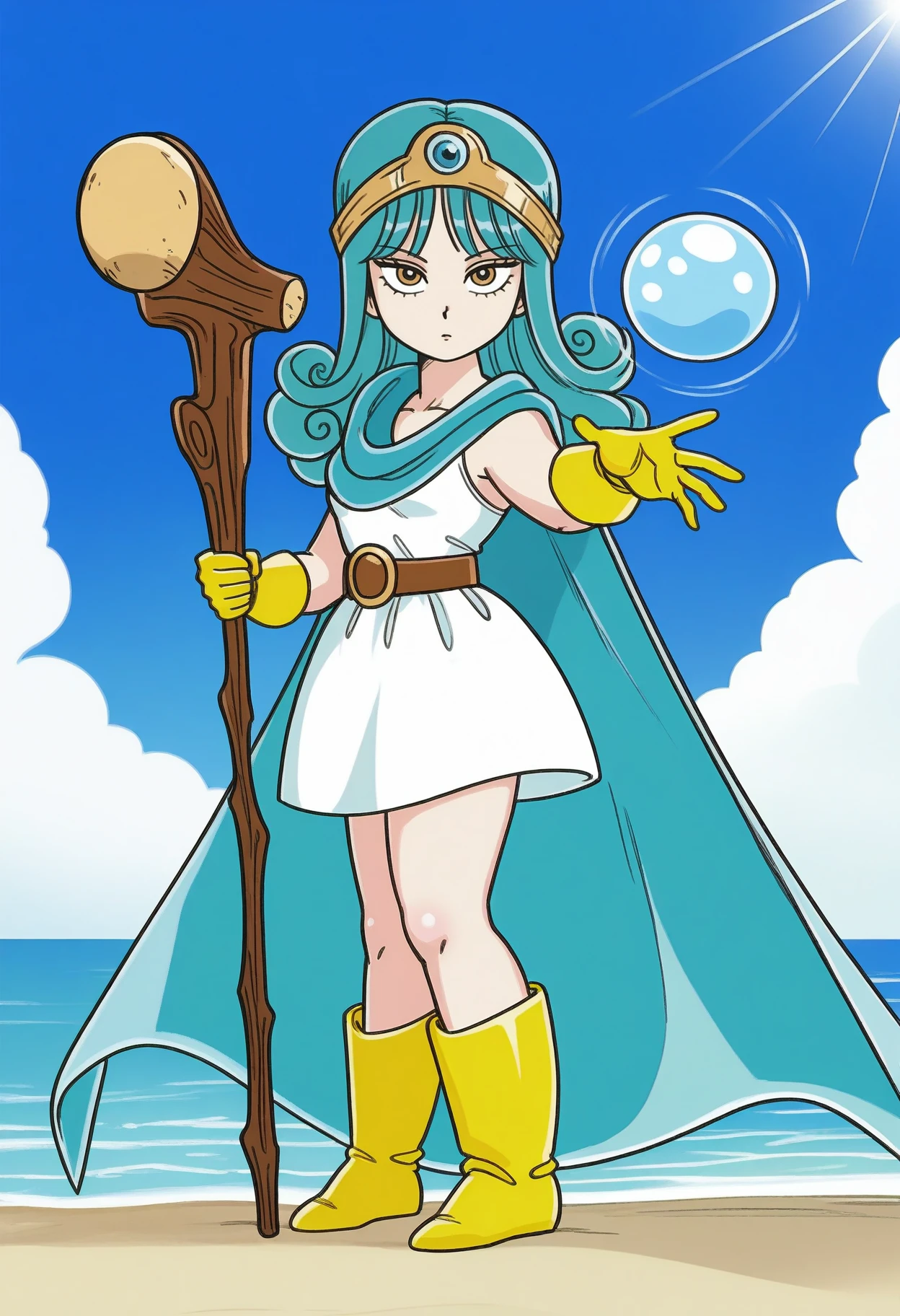 masterpiece, best quality, amazing quality, <lora:kr_sage_IL1.6:1>, kr_sage, 1girl, long hair, curly hair, aqua hair, 
circlet, yellow gloves, white dress, brown belt, blue cape,
looking at viewer, holding staff, water ball, casting spell, 
BREAK beach, sky, cloud, sunlight,