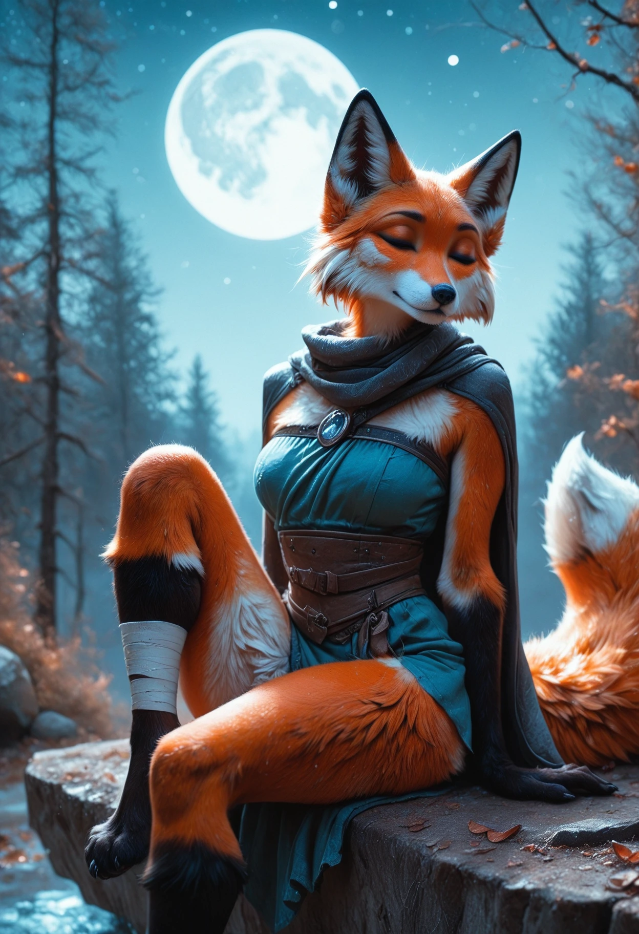 kftenhance, masterpiece, best quality, amazing quality, realistic, sfxm, anthro, female furry, fox, fox tail, fox ears, body fur, fluffy, fluffy fur, paws, moon, trees, sitting, tunic, cape, scarf, leg wrap, bandages, eyes closed