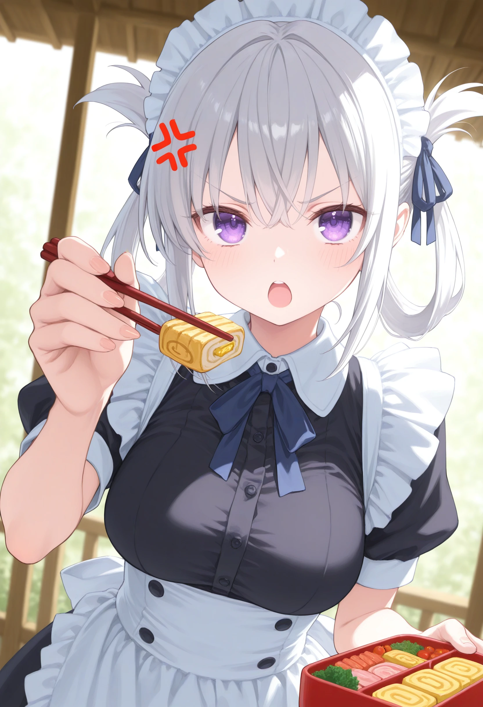 1girl,(sho \(sho lwlw\):0.7),(toosaka asagi:0.5),(sincos:0.3),solo,
masterpiece, best quality, newest, absurdres, CG, anime, source anime, illustration,
maid, maid headdress,medium breasts,
feeding,food, open mouth, incoming food, looking at viewer , <lora:feeding_Illust_v1:0.8>
bento, holding chopsticks, tamagoyaki,
dutch angle, upper body, looking back, silver hair, purple eyes,anger vein, under the bridge, open mouth, hair rings hair,