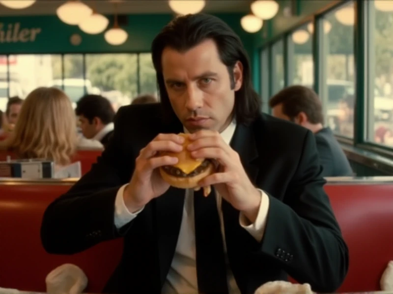 <lora:Vincent Vega:0.9> Vincent Vega, man with black hair and black suit, he holds a burger in a vintage diner