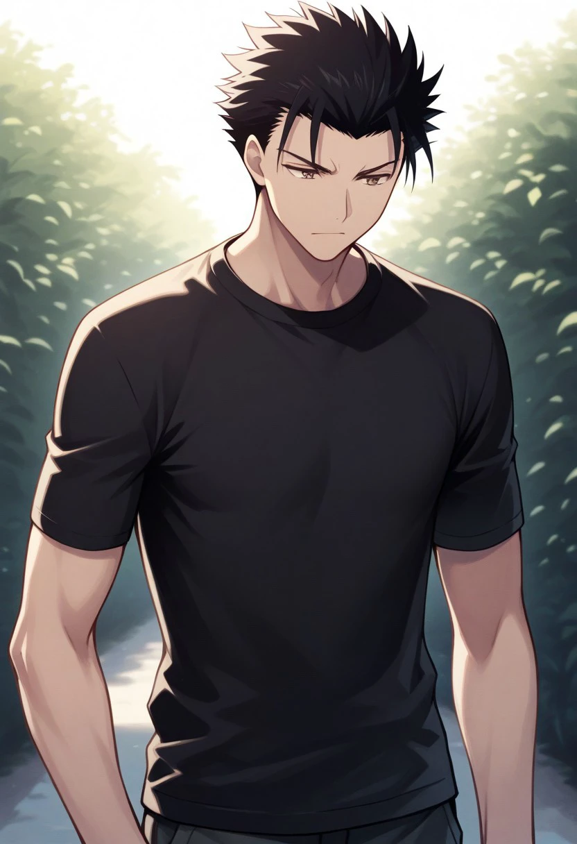 masterpiece, best quality, 
kurogane, 1boy, male focus, solo, brown eyes, black hair, short hair, spiked hair, shirt, black shirt, t-shirt, short sleeves,
outdoor,