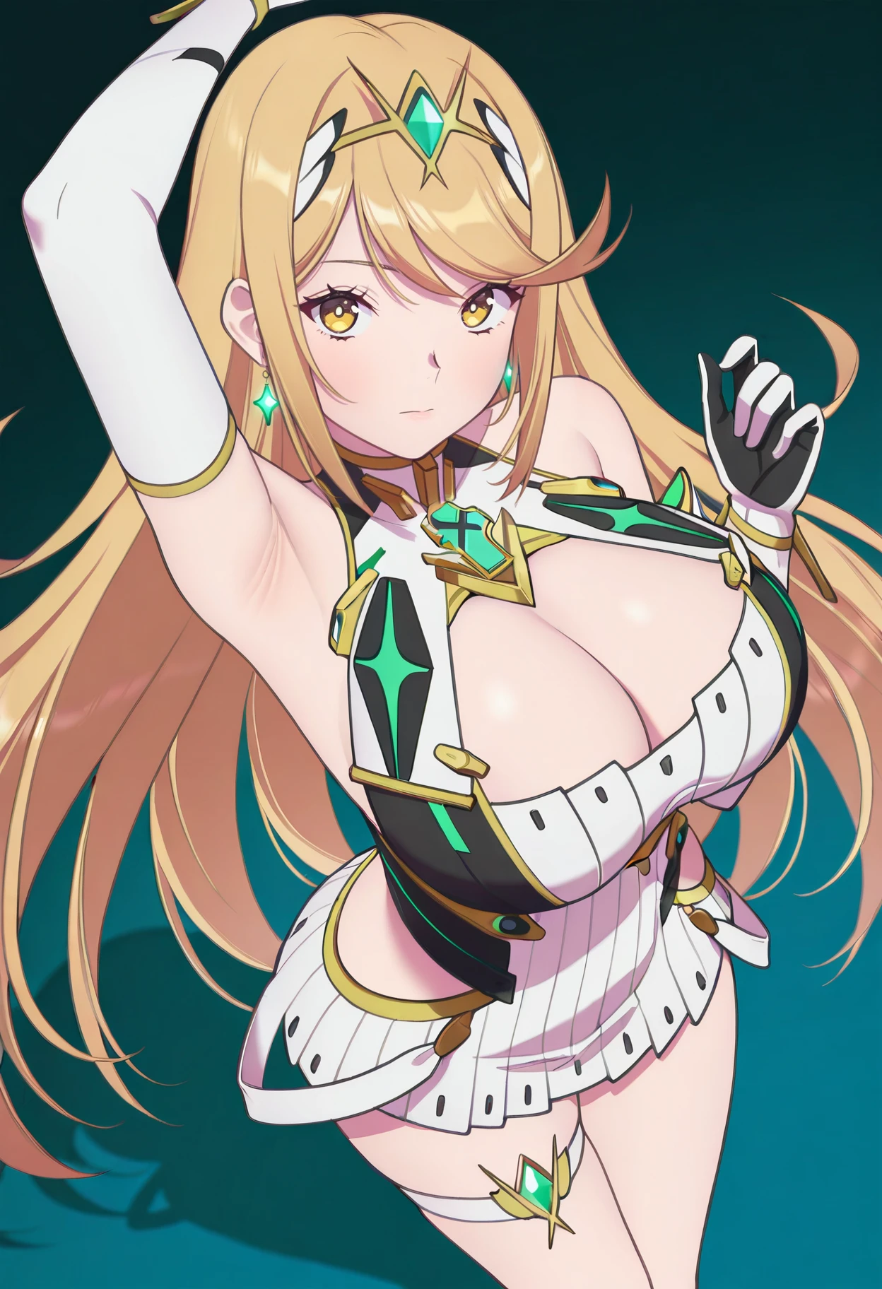 masterpiece, best quality, hires, absurdres, newest, 1girl, solo, <lora:aja-artist-richy-v1_ixl:1>  <lora:mythra-xb-richy-v1_ixl:1> mthrdef, yellow eyes, blonde hair, long hair, tiara, earrings, chest jewel, large breasts, cleavage cutout, cleavage, white dress, short dress, elbow gloves, white gloves, two-tone gloves, thigh strap, arm up, armpits, looking at viewer