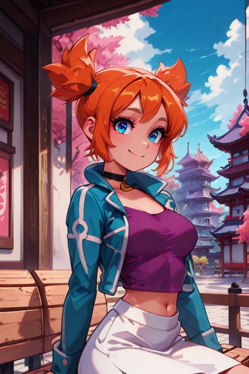 masterpiece, best quality, 1girl, solo, smile, looking at viewer, medium breasts, (curvy), cute, eyelashes, zzRui, blue eyes, orange hair, short hair, twintails,  choker, purple shirt, navel, midriff, long sleeves, blue jacket, open jacket, white skirt,  <lora:RuiPokemonIXL_v4:1.0>, ,,,sitting on bench, side view, looking at viewer solo, smile, pnkBldng, sky, day, cloud, tree, blue sky, building, architecture, east asian architecture,  <lora:PinkBuildingIXL_v2:1.0>, <lora:GoldenCATLoraIXL:0.6>,