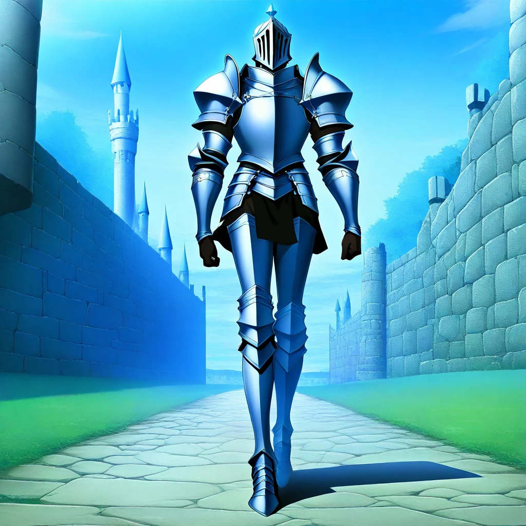 sfw, masterpiece, best quality,absurderes, <lora:HyperIllustrious:1>, anime screenshot,1boy,solo,full body,hyper legs,walking,outdoors,knight,armor,helmet,castle,stone wall