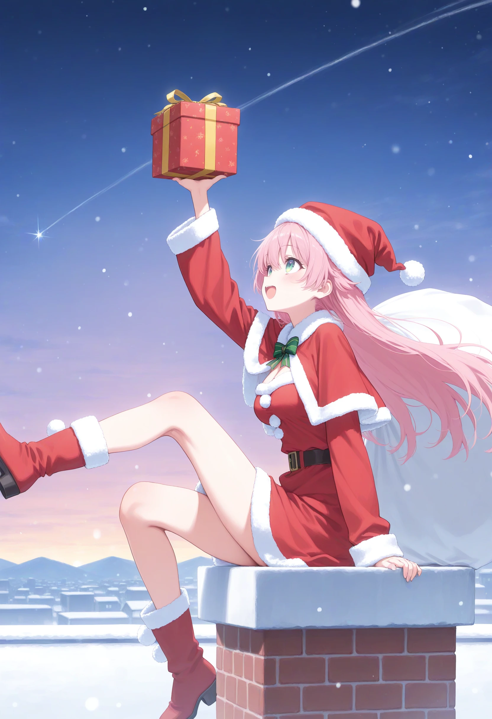 1girl,(sho \(sho lwlw\):0.7),(toosaka asagi:0.5),(sincos:0.3),solo,
masterpiece, best quality, newest, absurdres, CG, anime, source anime, illustration,
medium breasts, santa costume, christmas, santa hat,
chimney,  holding gift, brick, breast press,stuck, snowing, arm support, rooftop, floating hair, sack, pom pom (clothes), leg up,  <lora:chimney_Illust_v1:0.8>
from side, panorama shot, looking up, pink hair, green eyes,happy, closed mouth, french hair,