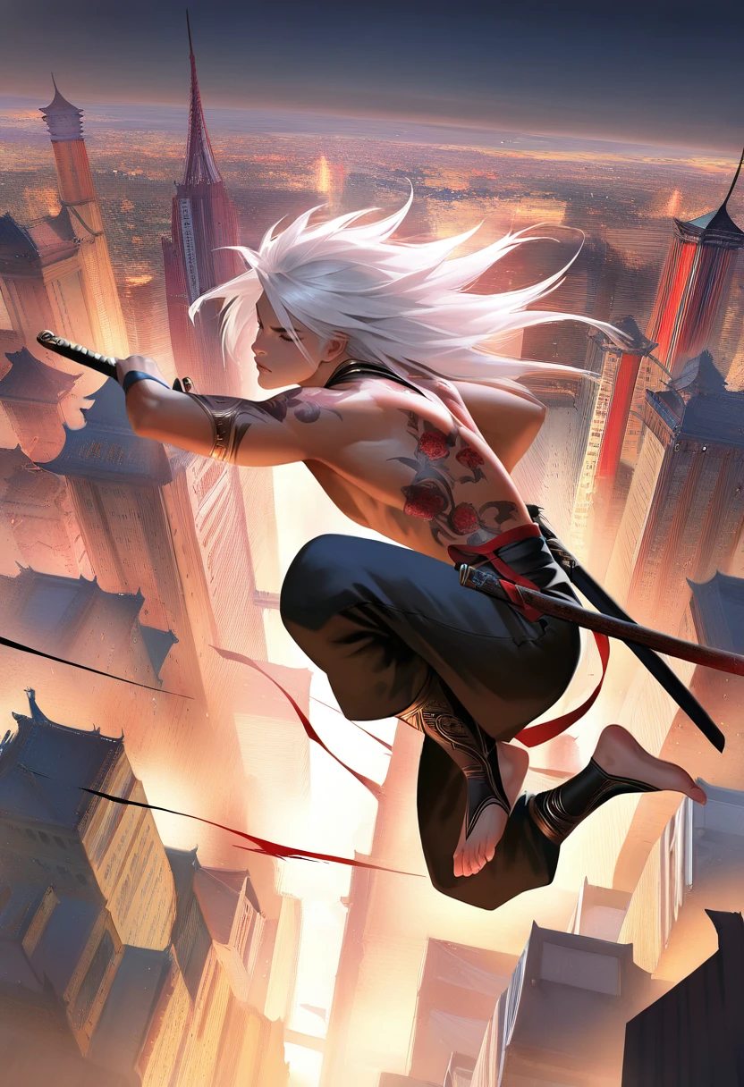 (masterpiece), (best quality), masterwork, semi-realistic, 1boy, solo, white hair, wild hair, long hair, sword, jumping in the air, east asian city, official art, dau-al-set, red tattoo, masterpiece, best quality, absurdres, hyper-detailed, raytracing, masterful composition, dynamic movement