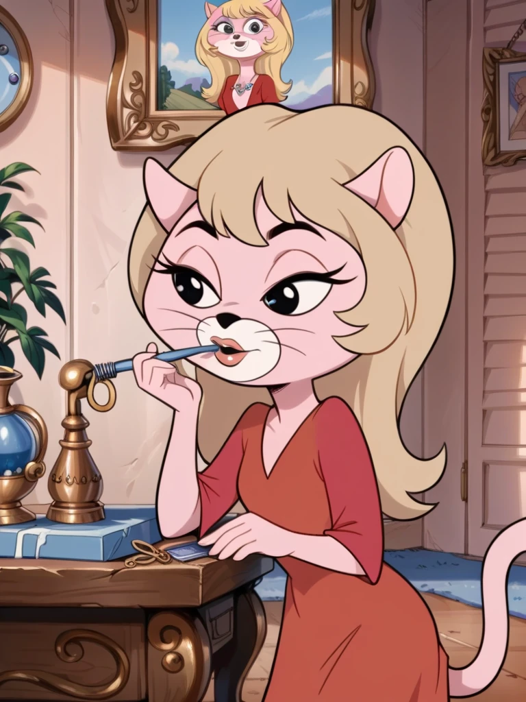 score_9, score_8_up, score_7_up, score_6_up, score_5_up, score_4_up, source_furry, Kitty_Glitter, blonde hair, long hair, pink fur, red dress, bedroom, vanity table, applying makeup, detailed face, detailed eyes, detailed background, <lora:kitty-glitter-v1:1.0>