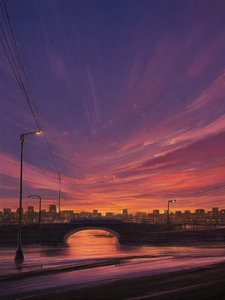 a young woman laying down in the street,bridge, building, city, city lights, cloud, cloudy sky, lamppost, outdoors, power lines, road, scenery, sky, sunset, utility pole, water,art painterly effect,brush stroke, <lora:Alena_Aenami_Art_Style-GMR:1>