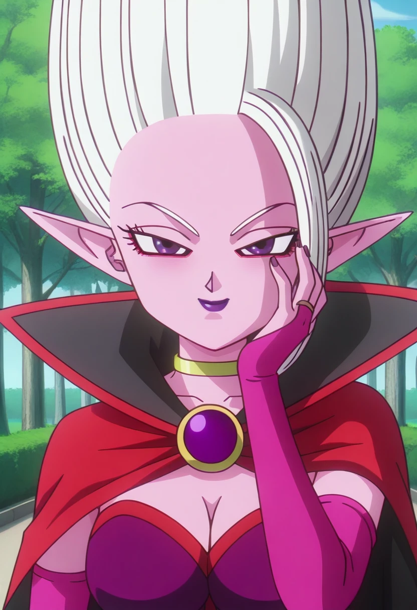 anime screencap,8k, absurd res, 1girl, solo, looking at viewer,white hair,long hair,purple eyes,upwards hair,makeup,pink skin,wearing a dress,elbow gloves,lipstick,cape,upper body,outdoors,detailed background,park,arinsu_(dragon_ball_daima), hand on own face <lora:arinsu_(dragon_ball_daima):1>