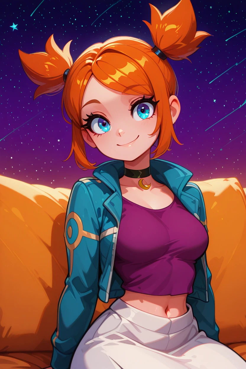 masterpiece, best quality, 1girl, solo, smile, looking at viewer, medium breasts, (curvy), cute, eyelashes, sitting, zzRui, blue eyes, orange hair, short hair, twintails,  choker, purple shirt, navel, midriff, long sleeves, blue jacket, open jacket, white skirt,  <lora:RuiPokemonIXL_v4:1.0>, ,,,  smile, looking at viewer, stars, night, luminescent background, <lora:GoldenCATLoraIXL:0.8>, <lora:princess_xl_v2:0.3>,