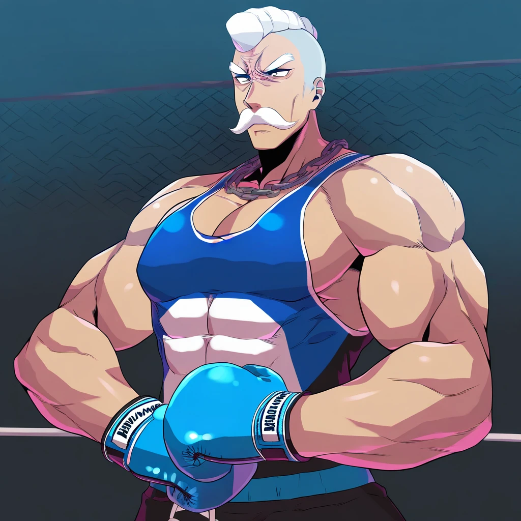 sfw, masterpiece, best quality,absurderes, <lora:HyperIllustrious:1>, mizuumi_(bb),1man,moustache,solo,hyper arms,boxing gloves,boxing arena,tank top,upper body,angry,chain link fence