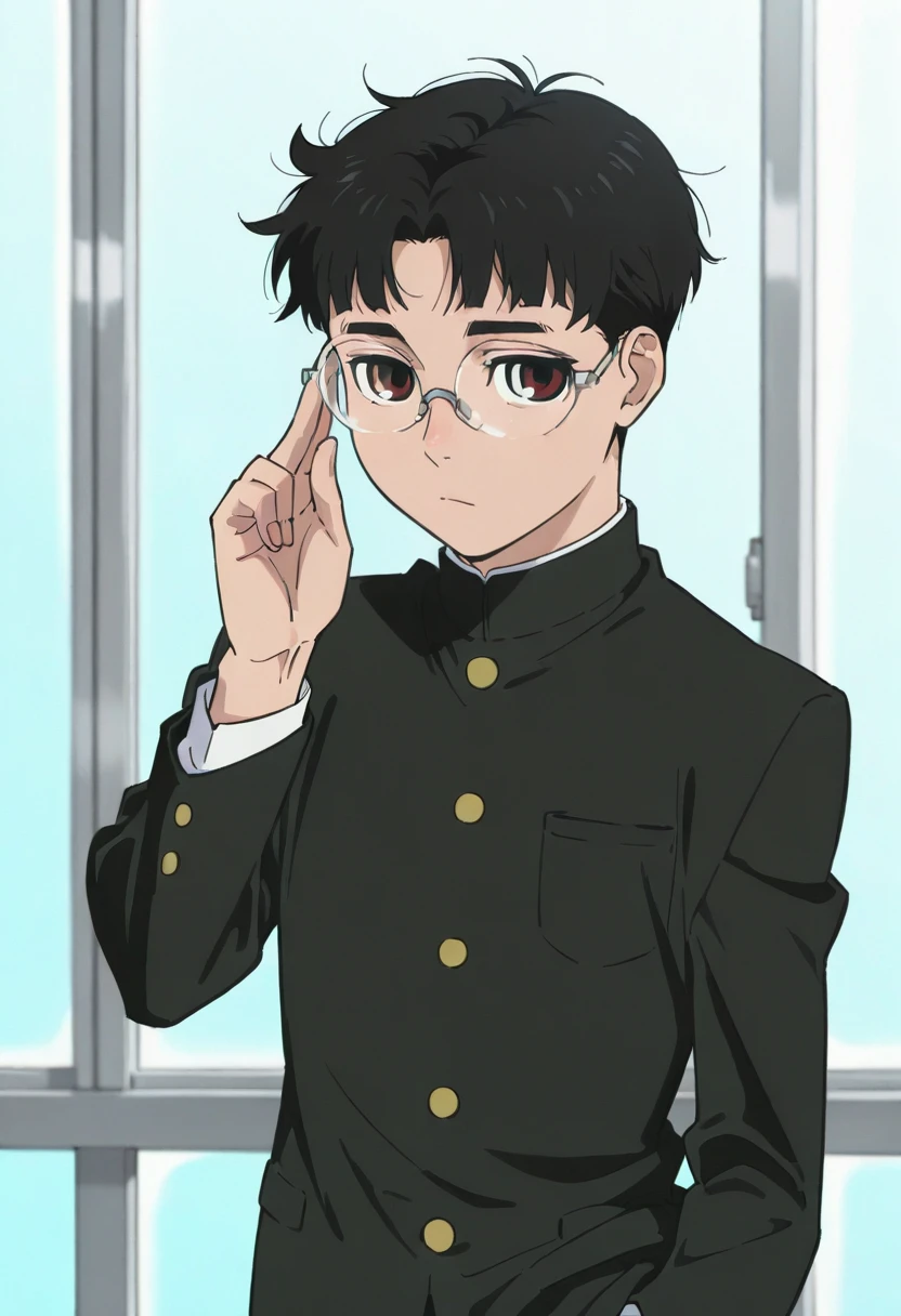 dandadan, 1boy, male focus, glasses, black hair, solo, school uniform, gakuran, brown eyes, short hair, Okarun