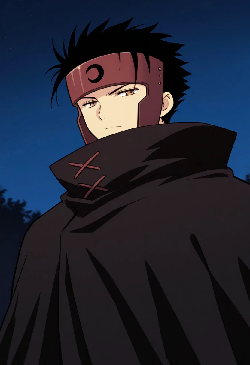 masterpiece, best quality, 
kurogane, 1boy, male focus, solo, brown eyes, black hair, short hair, spiked hair, forehead protector, headband, cloak, black cloak, high collar
outdoor, night,