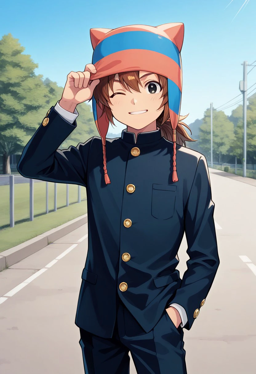 masterpiece, best quality, 
matsuno,1boy, male focus, solo, brown hair, ponytail, black eyes, hat, animal hat, school uniform, gakuran, jacket, blue jacket, long sleeves, buttons, pants, blue pants, smile, one eye closed
outdoor,