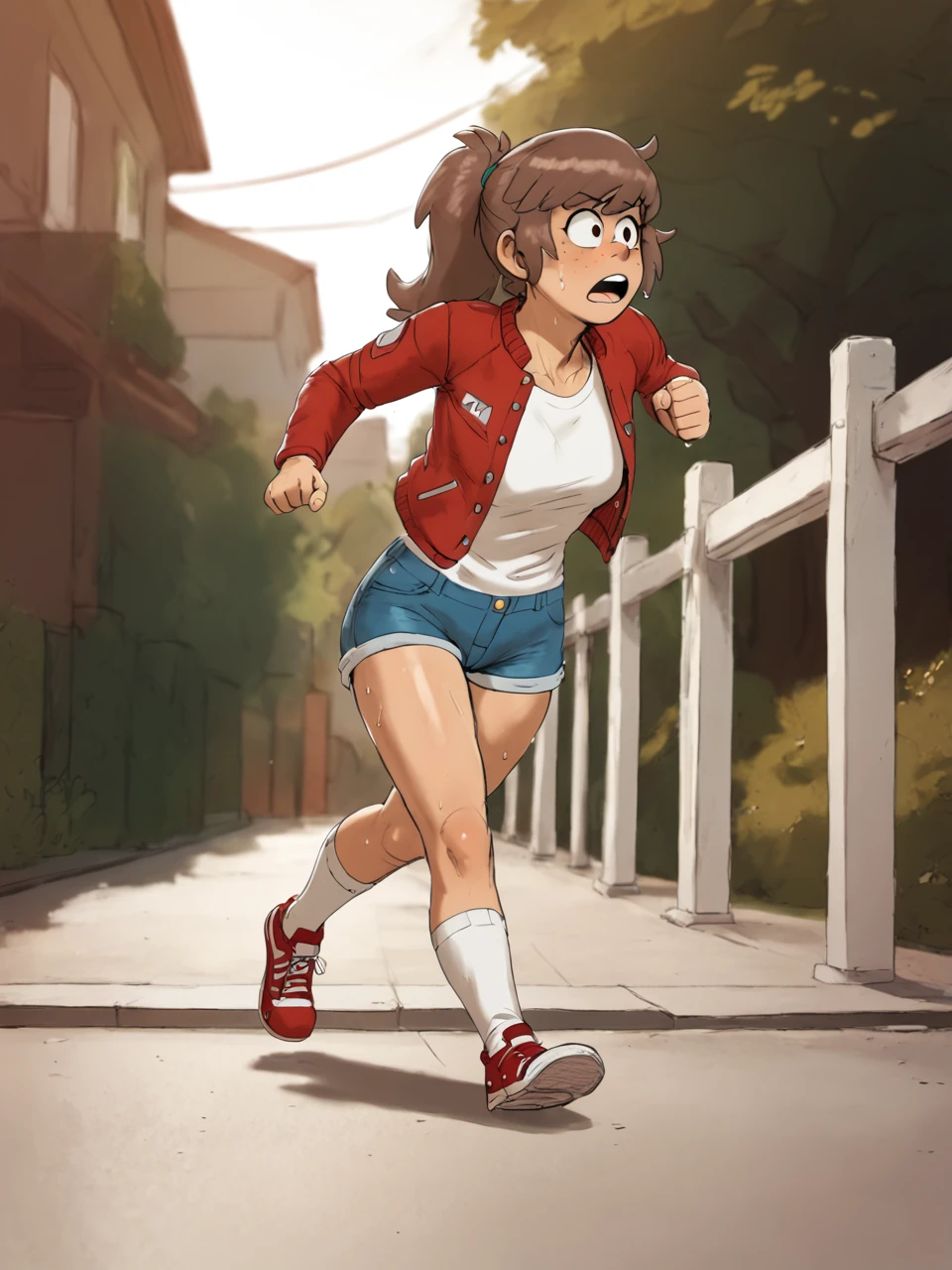 score_9, score_8_up, score_7_up, BREAK,  L4cyL0ud, 1girl, solo, long hair, brown hair, ponytail, freckles, white shirt, red jacket, denim shorts, white socks, red sneakers, running, sweat, struggles, <lora:Lacy_Loud:0.8>