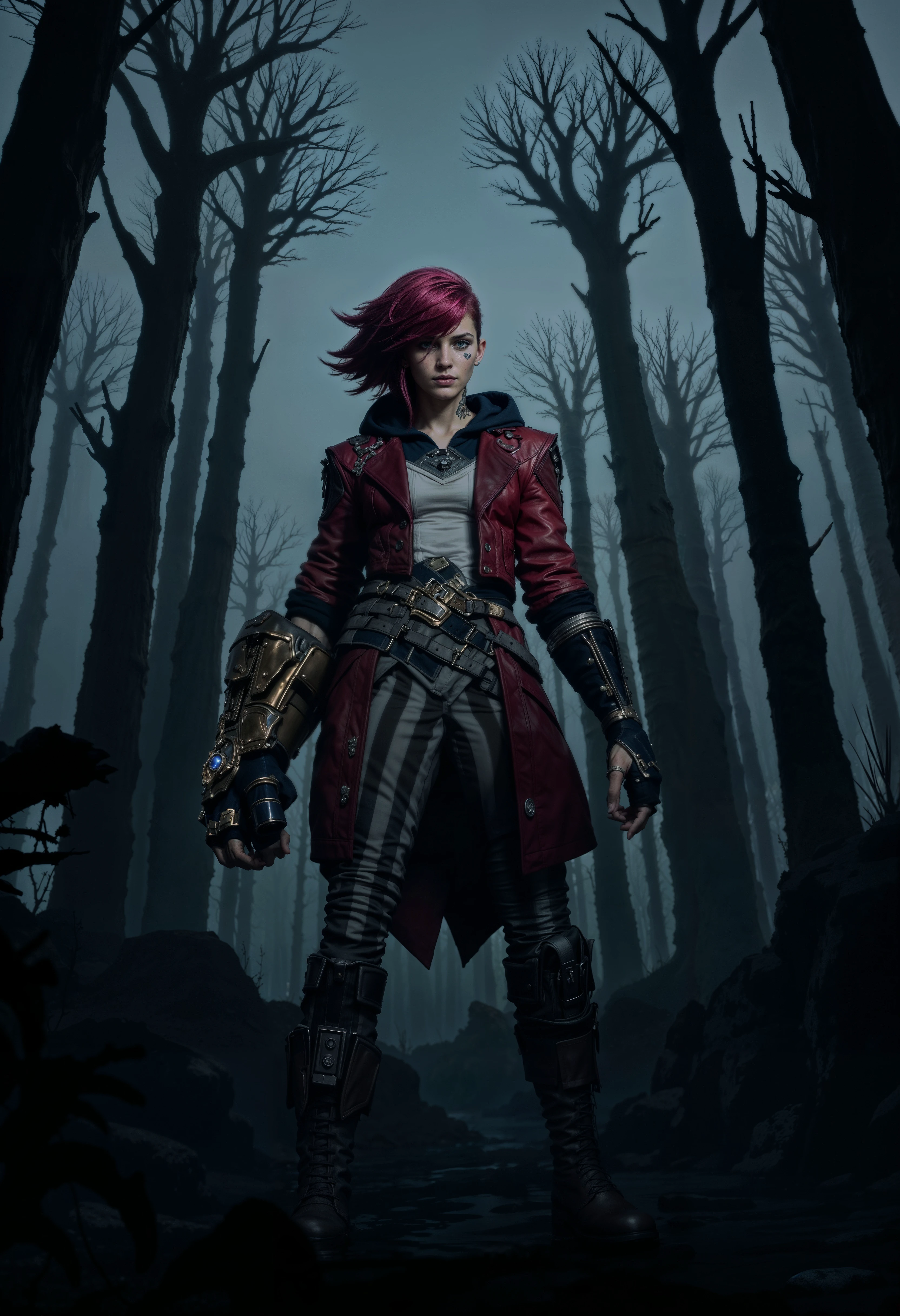 ViA, a woman in a dramatic, cinematic style. She stands confidently in the center of a dark, misty forest, with tall, leafless trees surrounding her. The woman has short hair, grey blue eyes and "VI" on her cheek. She wears a jacket. Her attire is accessorized with a belt featuring ornate buckles and holsters. She has a large gauntlet on her hand. Her expression is crazy smiling. The background is a gradient of dark blues and grays, enhancing the mysterious and intense atmosphere of the scene. The lighting highlights her figure, creating a striking contrast against the shadowy forest backdrop.
<lora:FluxMythP0rtr4itStyle:0.6> <lora:flux.1_lora_flyway_Epic-Characters_v1:0.6> <lora:Elden_Ring_-_Yoshitaka_Amano:0.33> <lora:FluxViA:1>