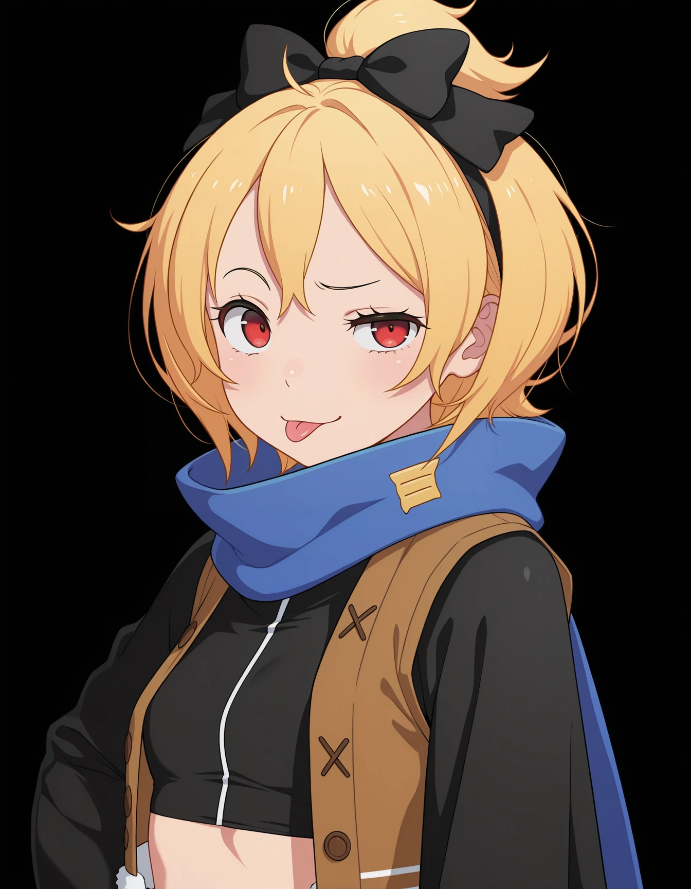 <lora:Felt:1>1girl, solo, 
f3lt, blonde hair, black hair bow, short hair, red eyes,
cropped jacket, loose sleeves, brown vest, open vest, blue scarf
portrait, raised eyebrow, :p, 
simple black background,, masterpiece, best quality, amazing quality