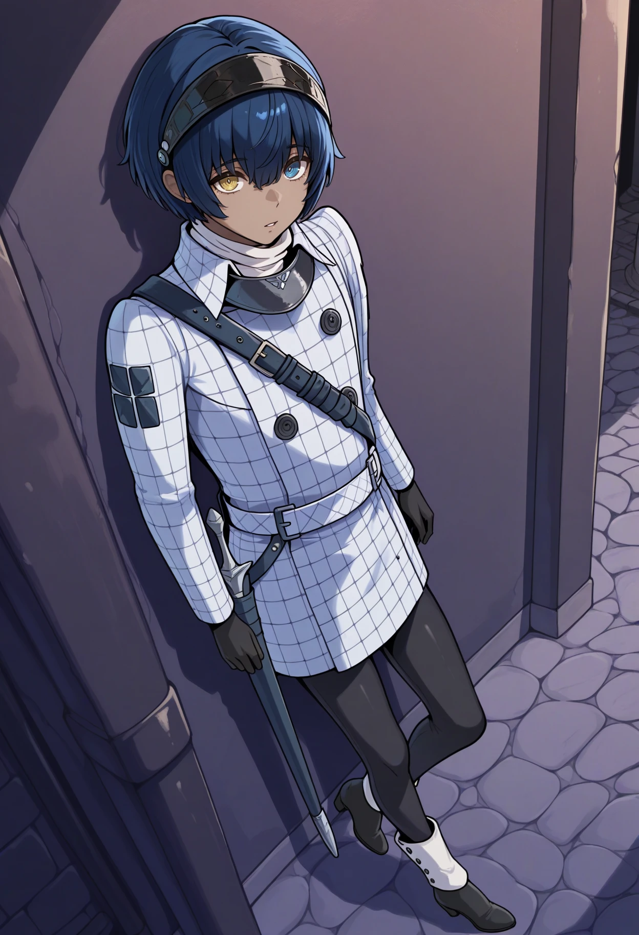 masterpiece, best quality, 1boy, standing, against wall, parted lips, looking at viewer, sheath, belt, dutch angle, foot up, <lora:ProtagonistMR-illu:1> dfProtag, blue hair, short hair, hair between eyes, black visor \(armor\), heterochromia, yellow eyes, blue eyes, dark-skinned male, plaid coat, collared coat, white turtleneck, long sleeves, black gloves, black leggings, alley, city, cobblestone, ankle boots, black footwear