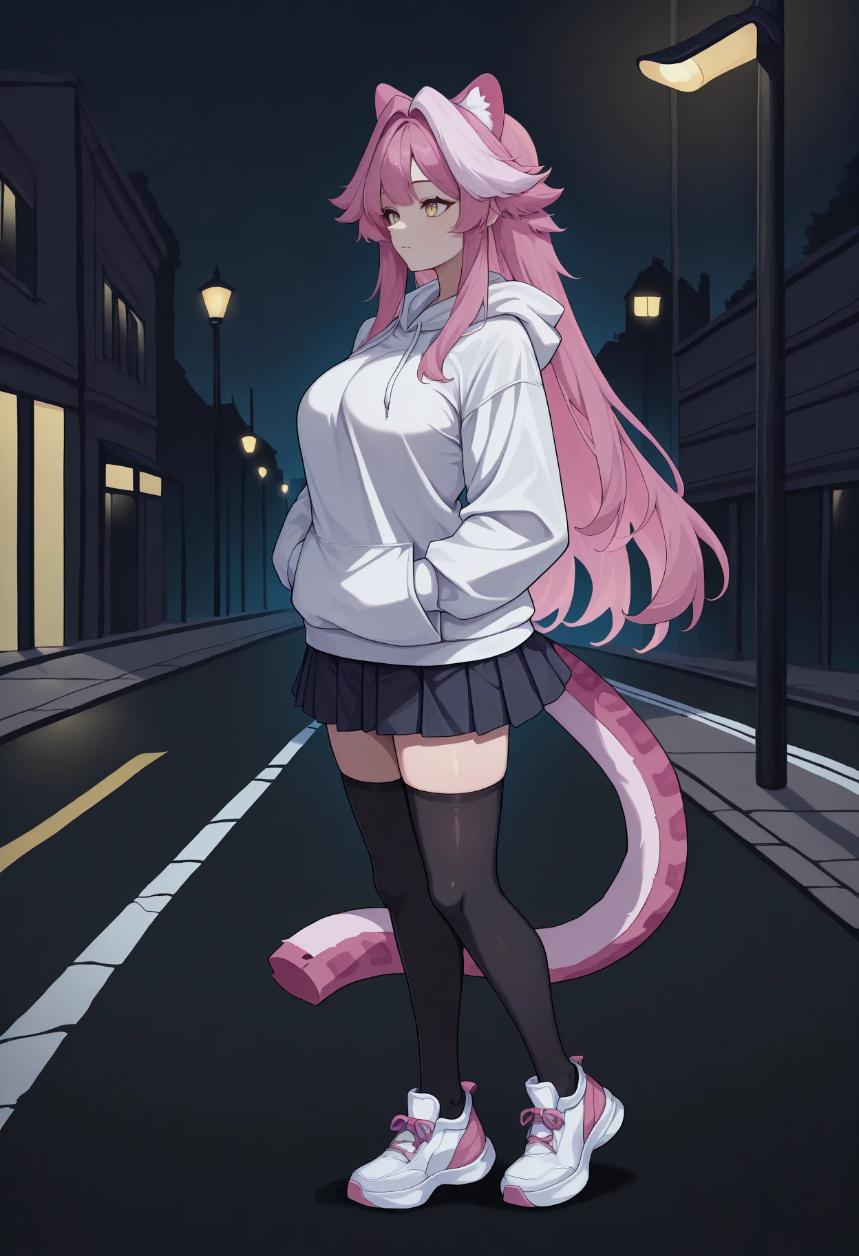 masterpiece, best quality, 1girl, solo, RaoraPanthera, yellow eyes, cat ears, pink hair, single white streak, long hair, cat tail, white hoodie, outdoors, night, street, lamppost, hands in pockets, full body, black thighhighs, shoes, skirt, <lora:ChamRaoraPantheraIllustriousXL:1>