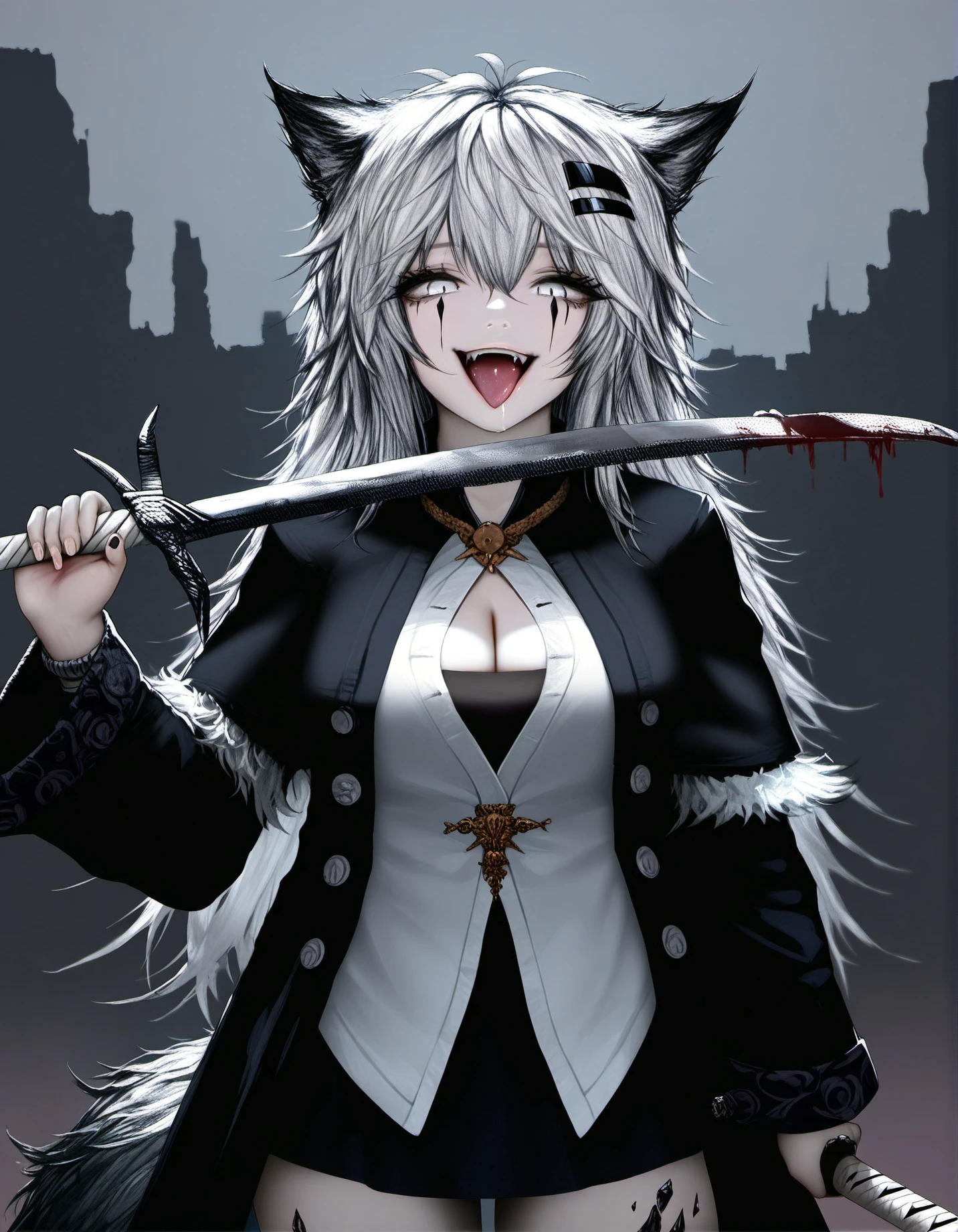 by ebi 193, by aoi ogata, by rustle, masterpiece, best quality,
1girl, lappland \(arknights\),  lappland \(refined horrormare\) \(arknights\), wolf ears, wolf tail, silver eyes, hairclip, long hair, mad face, open mouth, blood, white shirt, black jacket, jewelry, partially unbuttoned, cleavage, smug, pale skin, oripathy lesion \(arknights\) ,
holding sword, licking sword, cowboy shot,
abstract background <lora:rouwei_neg_by pfc:0.6>