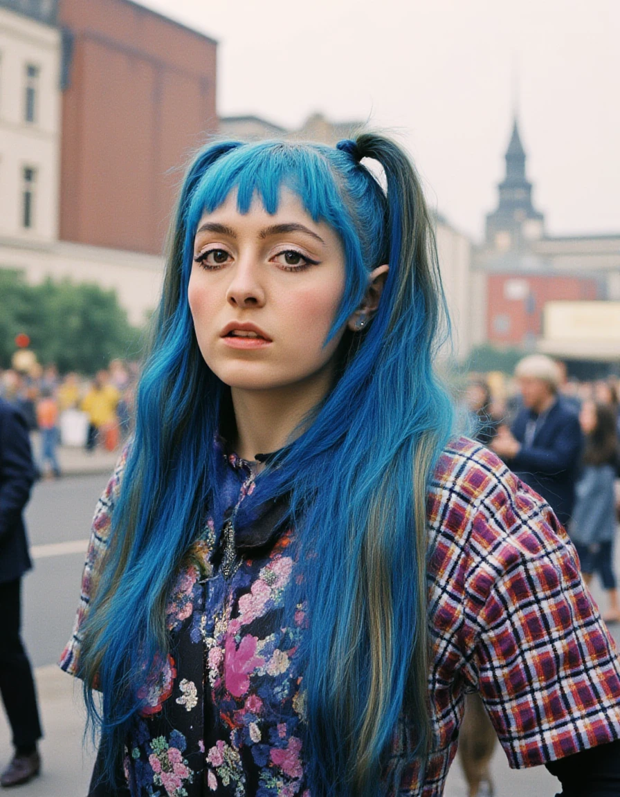 <lora:ashnikko-flux-000015:1> her, the, woman, and, has, blue, hair, ashnikko1  <lora:60s_flux:1> 60slora posing for a photo in the street