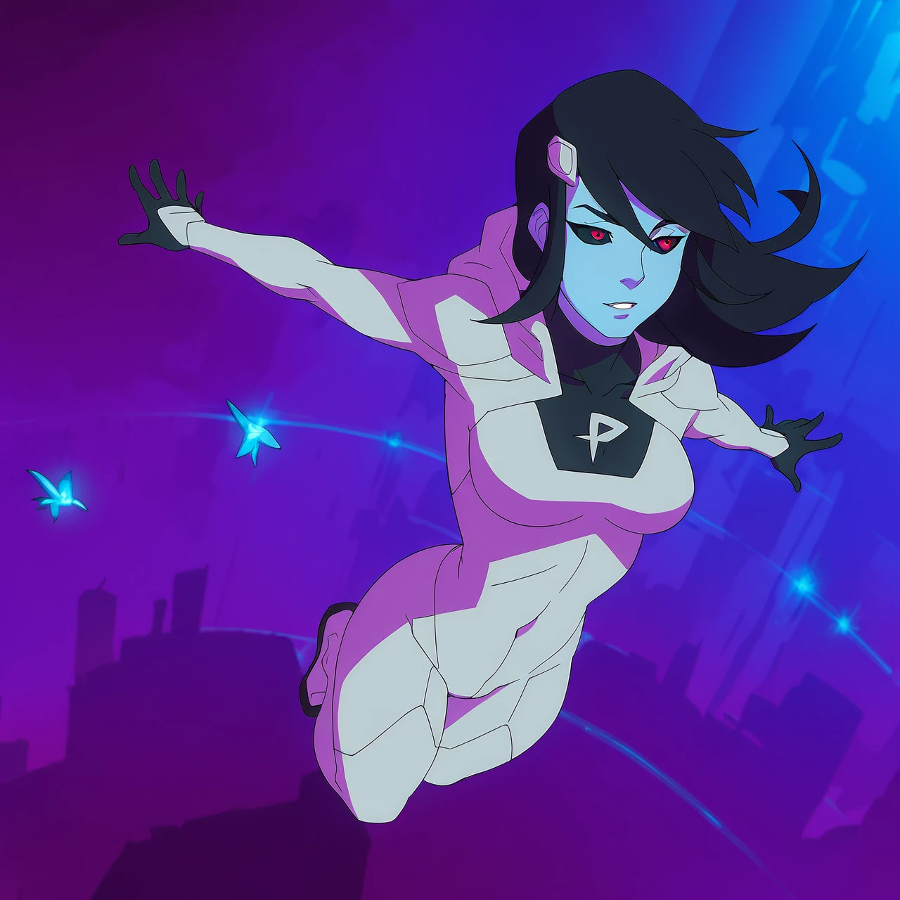 score_9, score_8_up, score_7_up, (doxy:0.6),BREAK,source_cartoon, 1girl, detailed background, skyscraper, futuristic city, flying, hood, Phantomgirl, red eyes, black sclera, black hair, long hair, hair clip, blue skin, white bodysuit, medium breasts <lora:add-detail-xl:1> <lora:Penis Size_alpha1.0_rank4_noxattn_last:-1>   <lora:PhantomGirl_YJ:1>