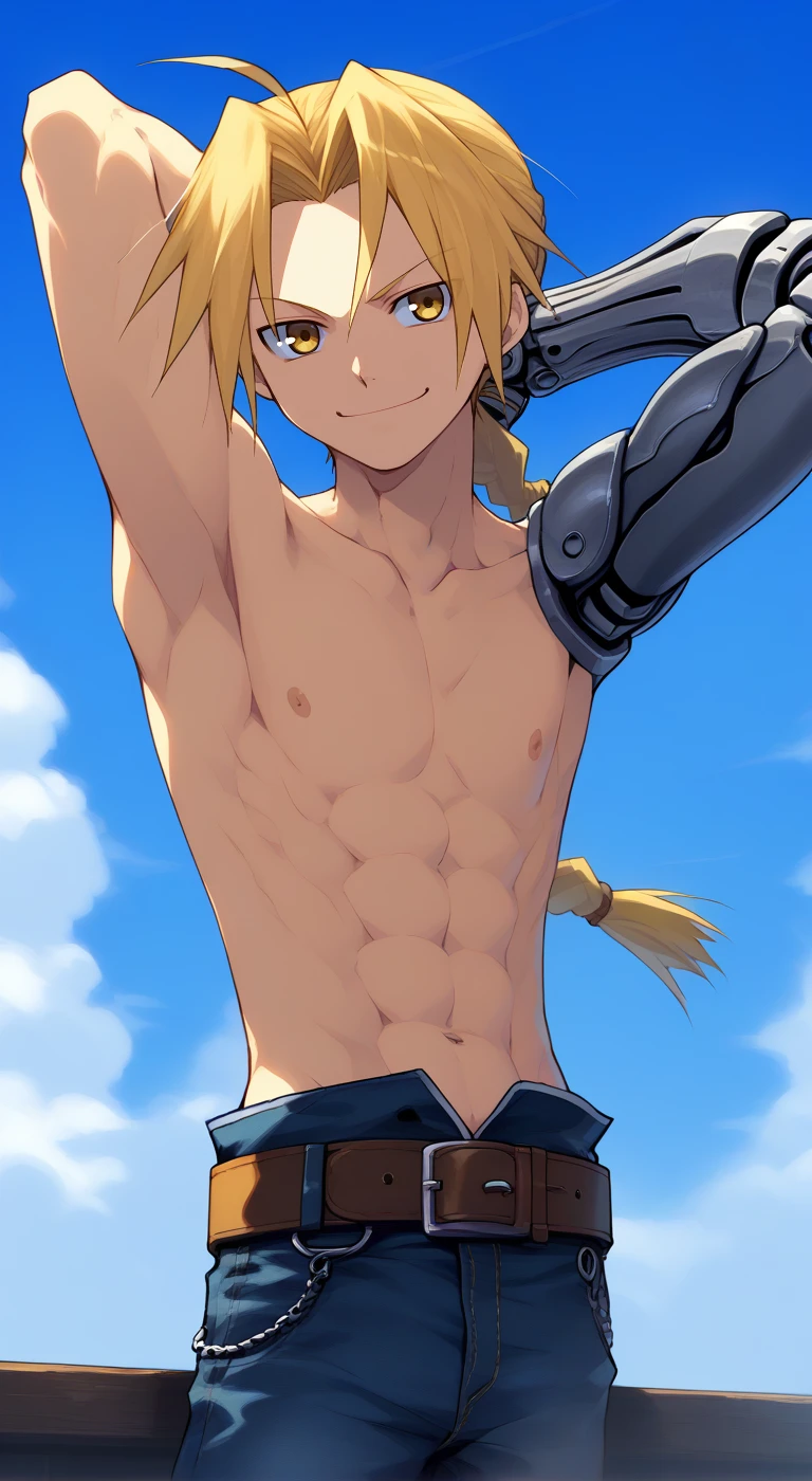 1boy,solo,male focus,lighter,edward elric,blonde hair,yellow eyes,long hair,ahoge,braided ponytail,single mechanical arm,topless male,belt,jeans,smile,sky blue,smile,toned male,collarbone,naughty face,arms behind head,akimix15